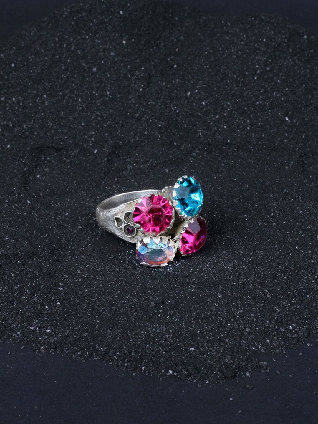 SANGEETA BOOCHRA Silver-Toned Pink & Blue CZ-Studded Afghan Finger Ring Price in India