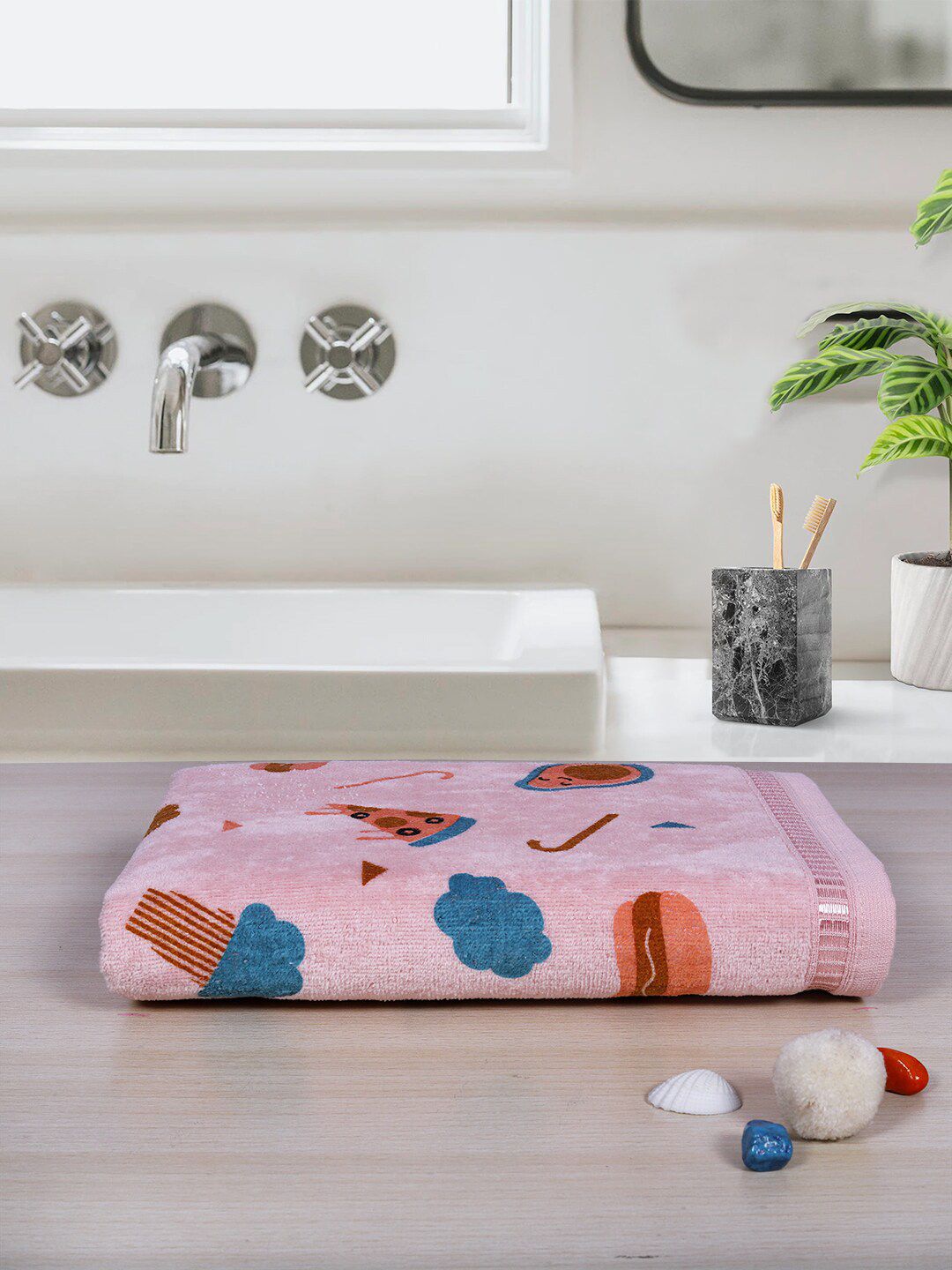 RANGOLI Unisex Kids Pink & Blue Printed Cotton 400 GSM Bath Towel