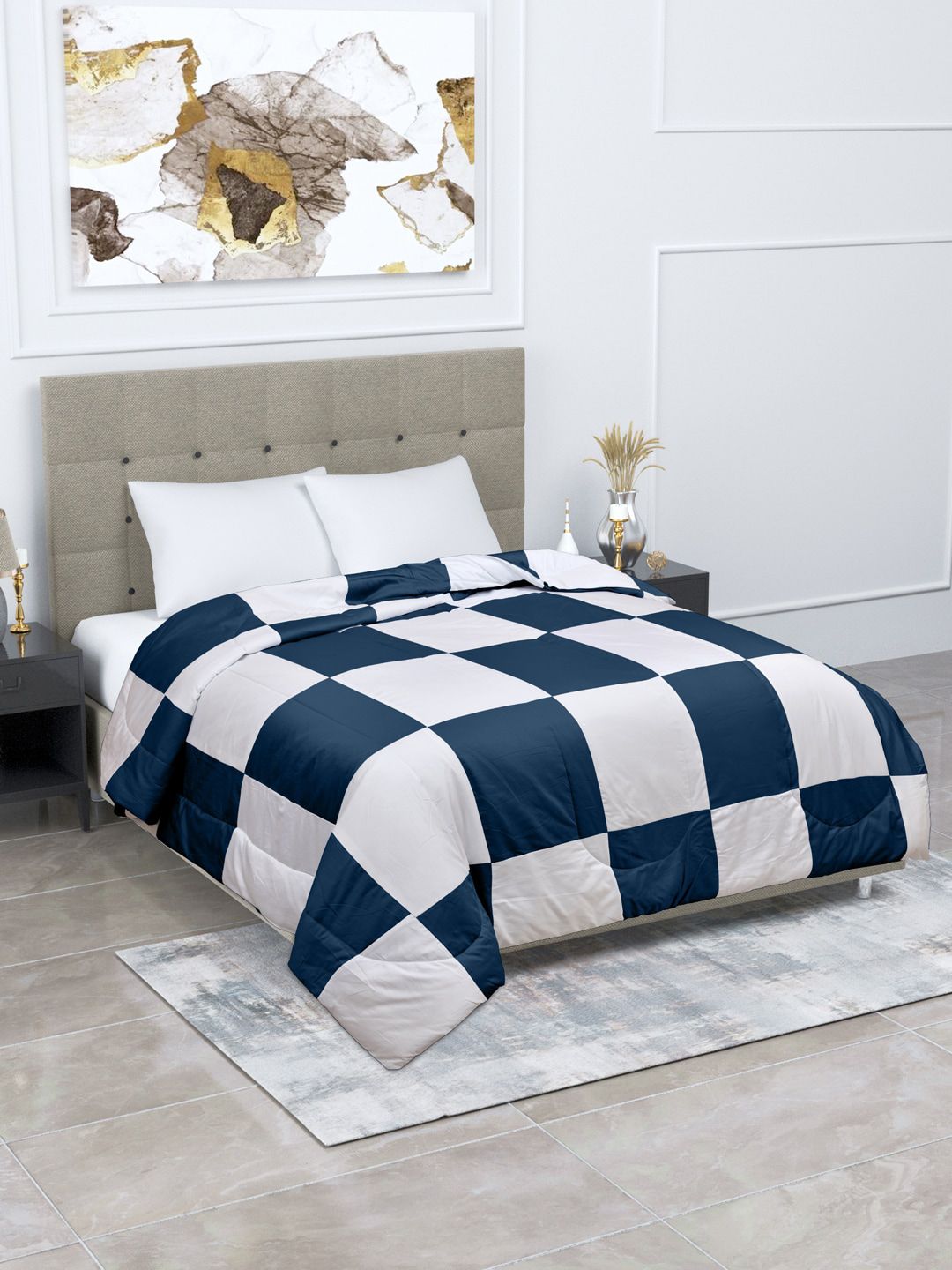 Home Fresh Blue & White Checked AC Room 350 GSM Double Bed Quilt Price in India
