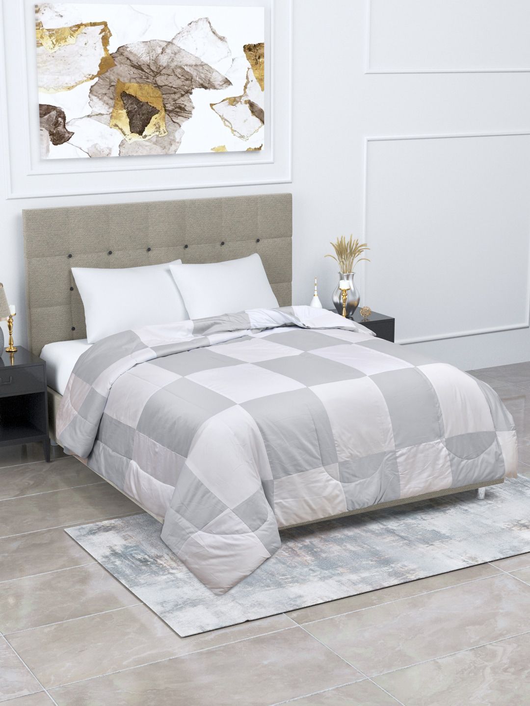 Home Fresh Grey & White Checked AC Room 350 GSM Cotton Double Bed Quilt Price in India