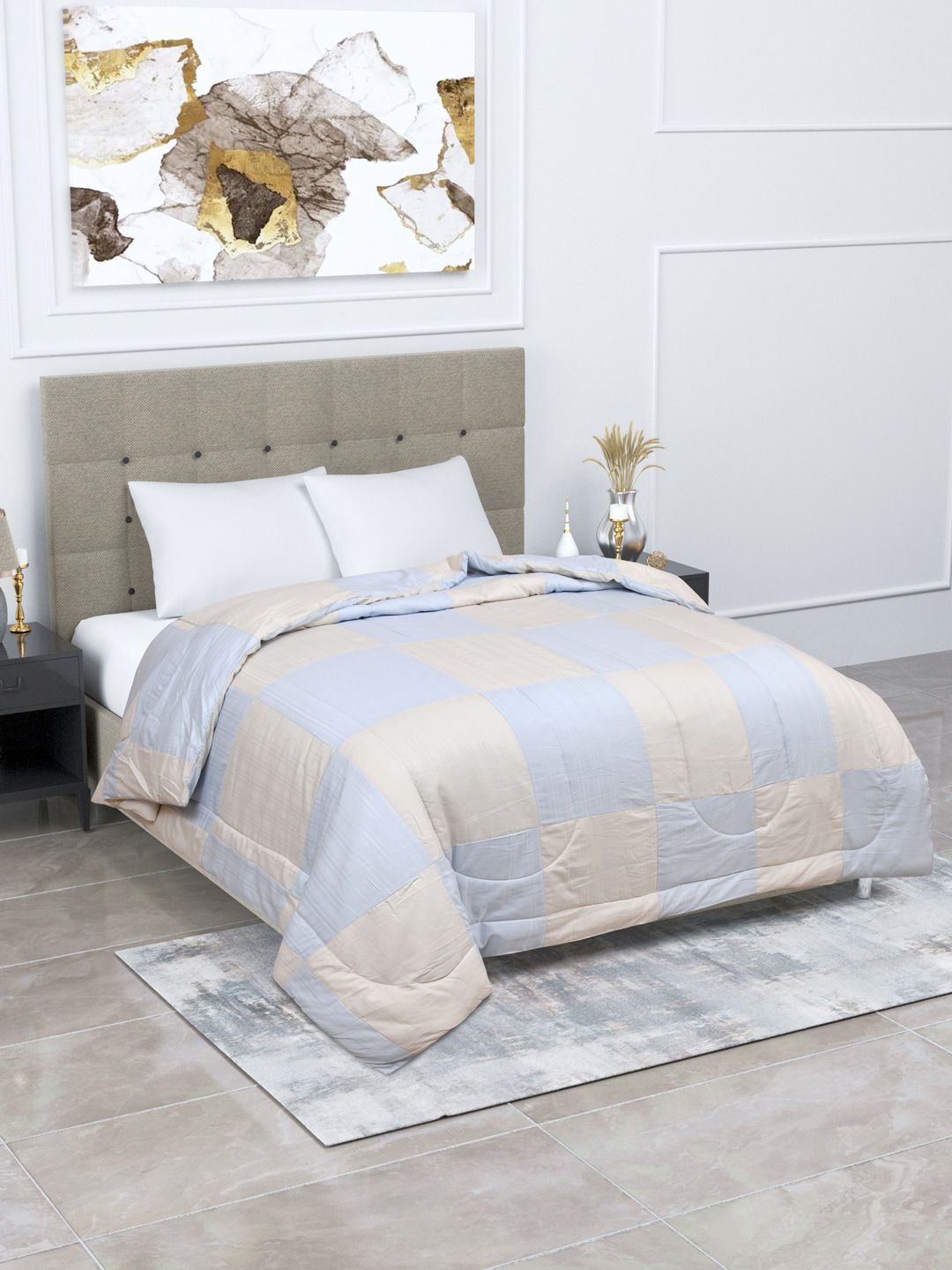 Home Fresh Blue & Cream-Coloured Checked AC Room 350 GSM Double Bed Quilt Price in India