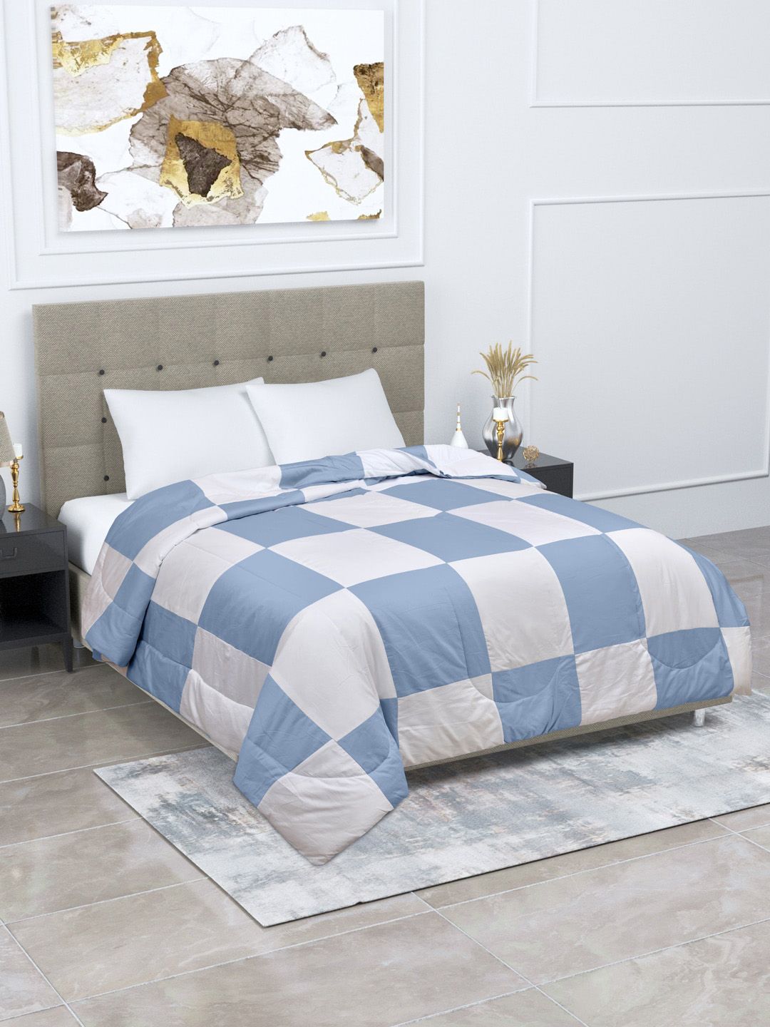 Home Fresh Blue & White Checked AC Room 350 GSM Double Bed Quilt Price in India