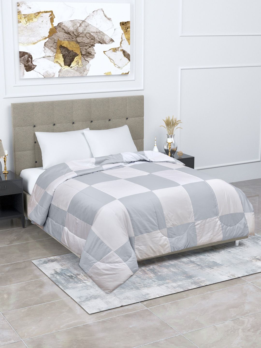 Home Fresh Grey Checked 350 GSM  Cotton Double Bed Comforter Price in India