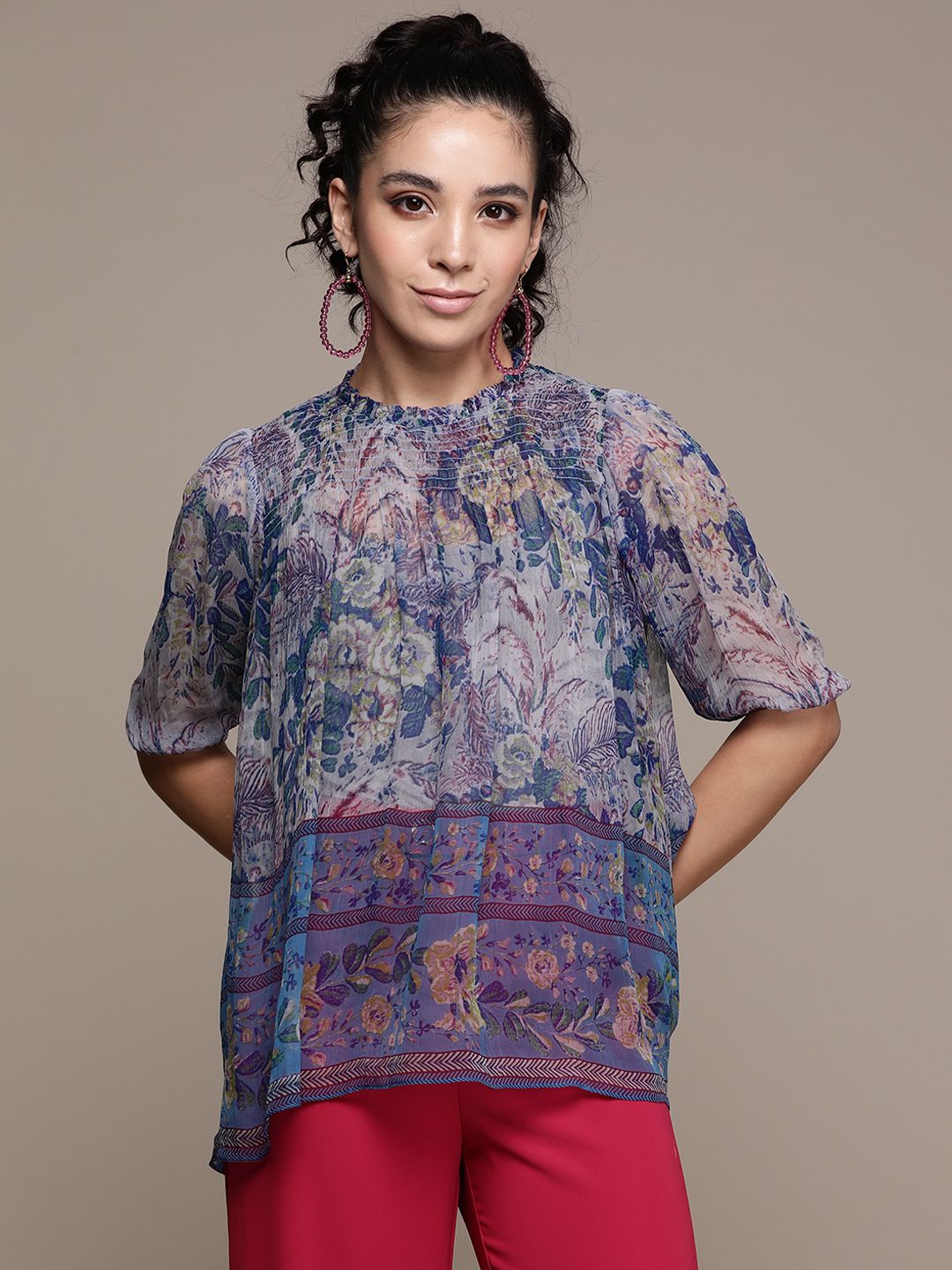 Label Ritu Kumar Blue Floral Printed Chiffon Top with Camisole Price in India