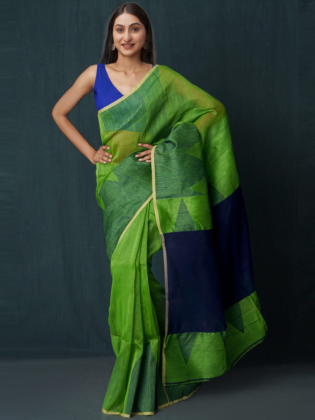 Unnati Silks Navy Blue & Blue Silk Cotton Jamdani Saree Price in India