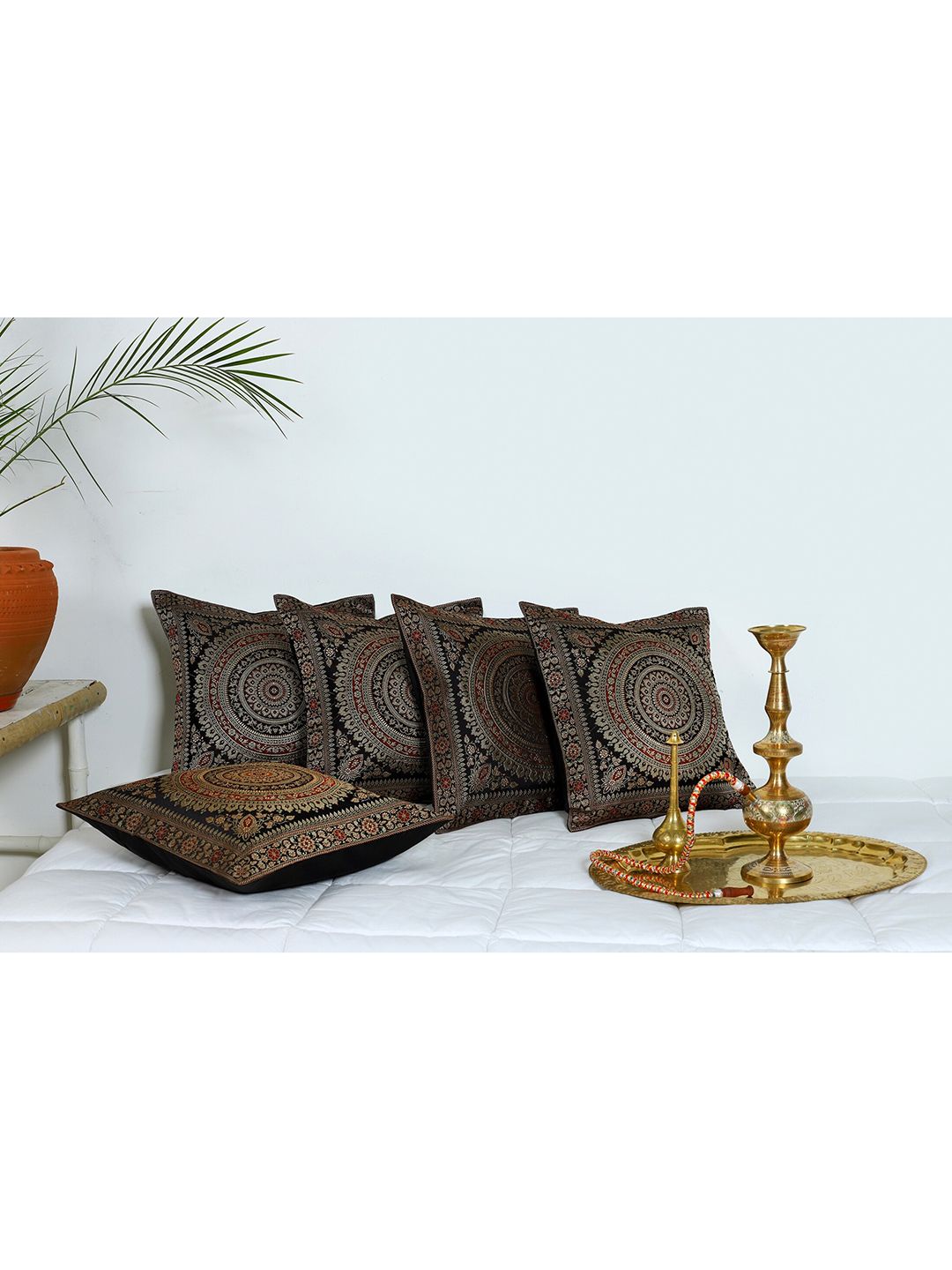 HANDICRAFT PALACE Black & Gold-Toned Set of 2 Square Cushion Covers Price in India