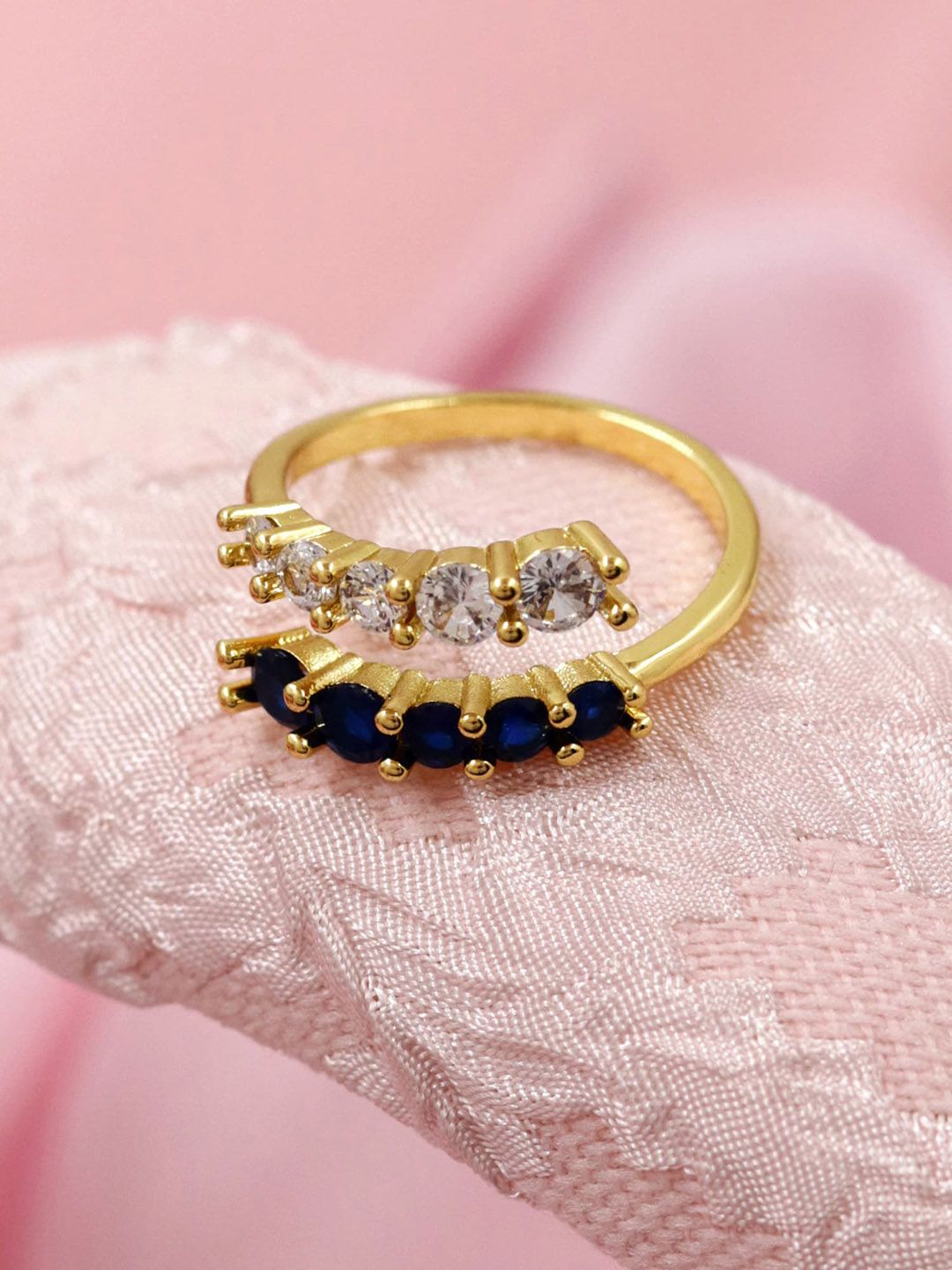 Bellofox Gold-Plated White & Blue Stone Studded Adjustable Finger Ring Price in India