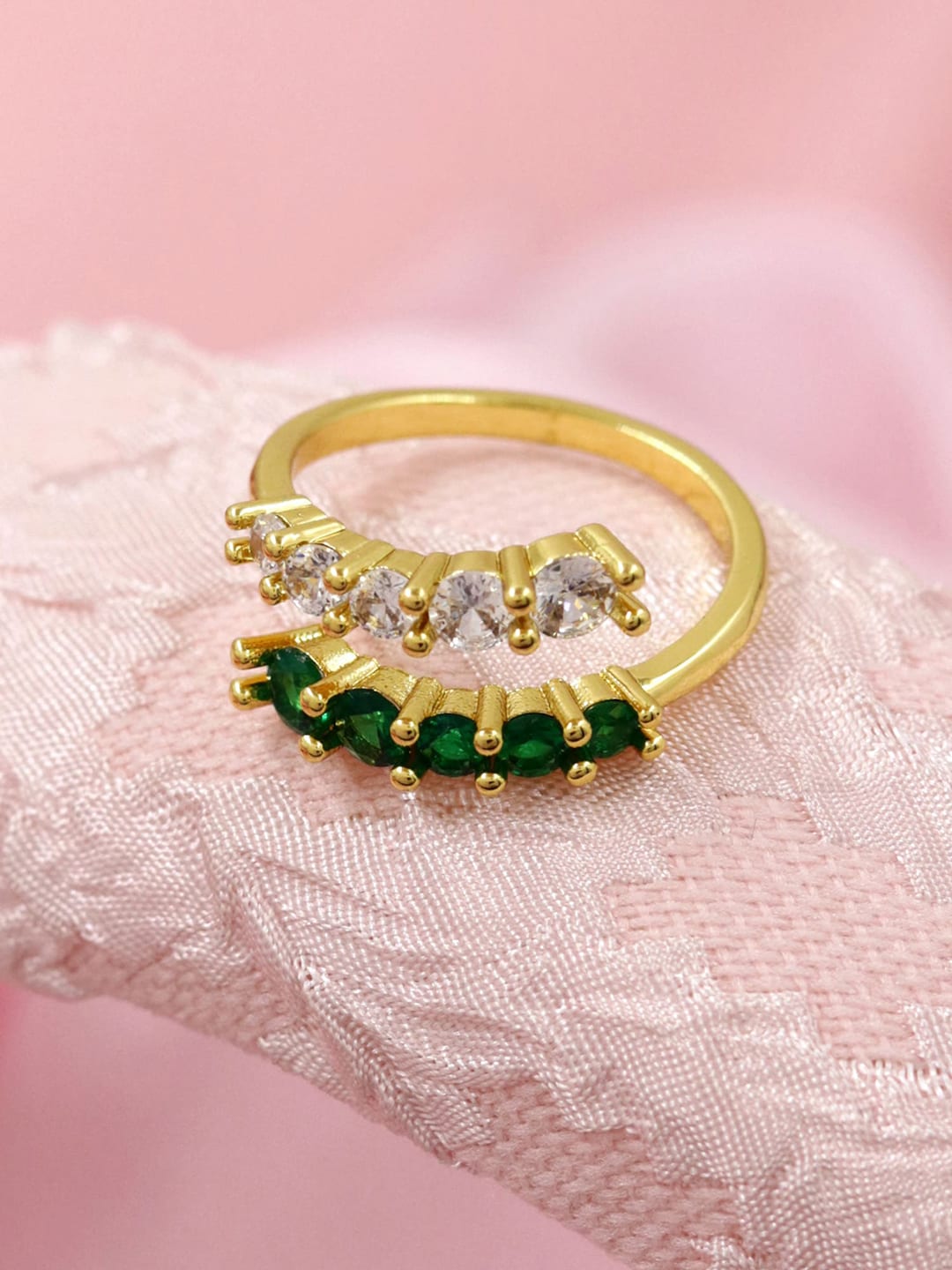 Bellofox Gold-Plated White & Green Stone Studded Adjustable Finger Ring Price in India