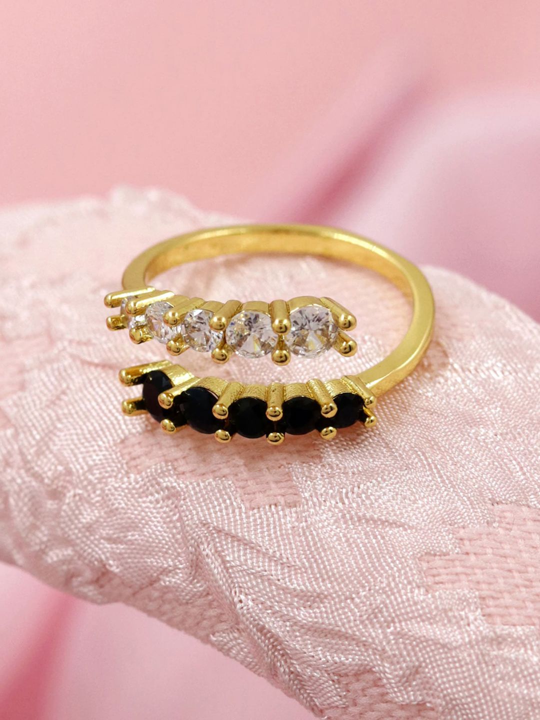 Bellofox Gold-Plated White & Black Stone Studded Adjustable Finger Ring Price in India