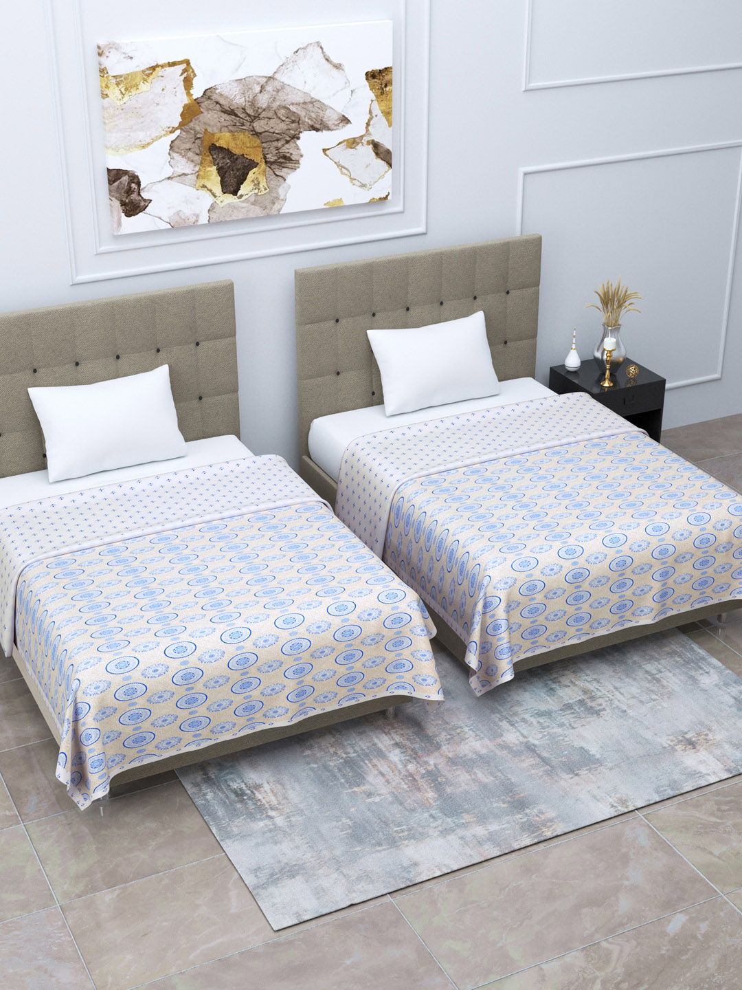 Home Fresh White & Blue Set of 2 Floral AC Room 350 GSM Single Bed Dohar Price in India