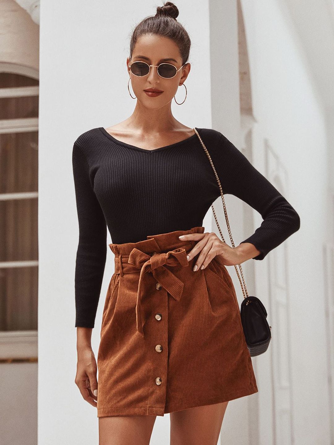 BoStreet Women Brown Solid Mini Asymmetric Skirts Price in India