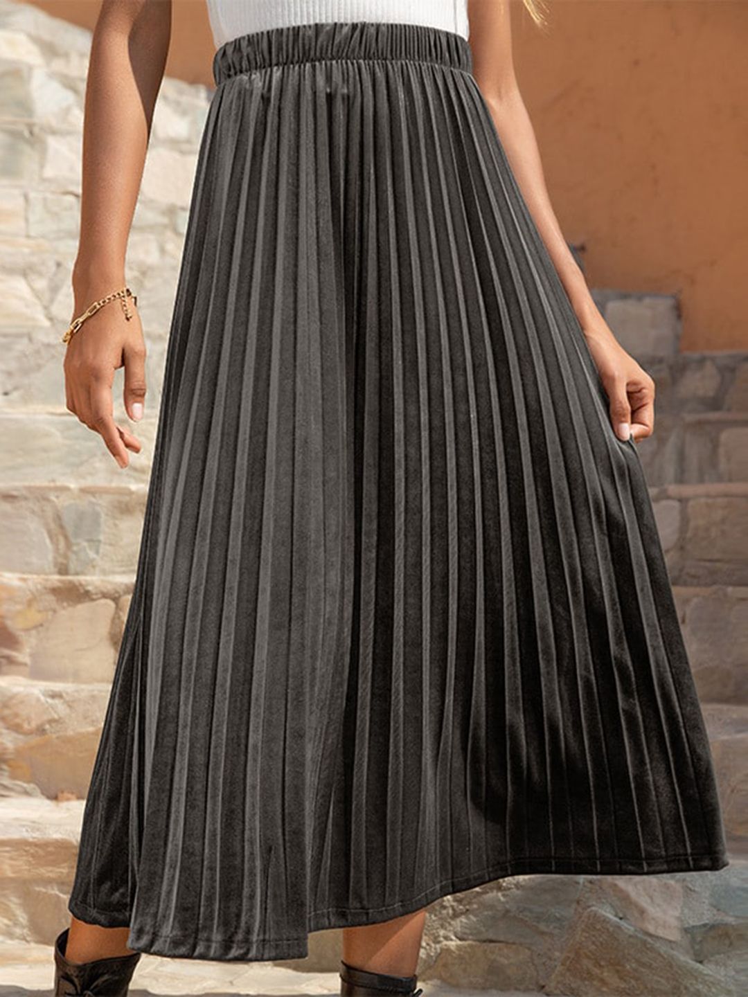 BoStreet Women Grey Solid Midi Flared Skirt Price in India