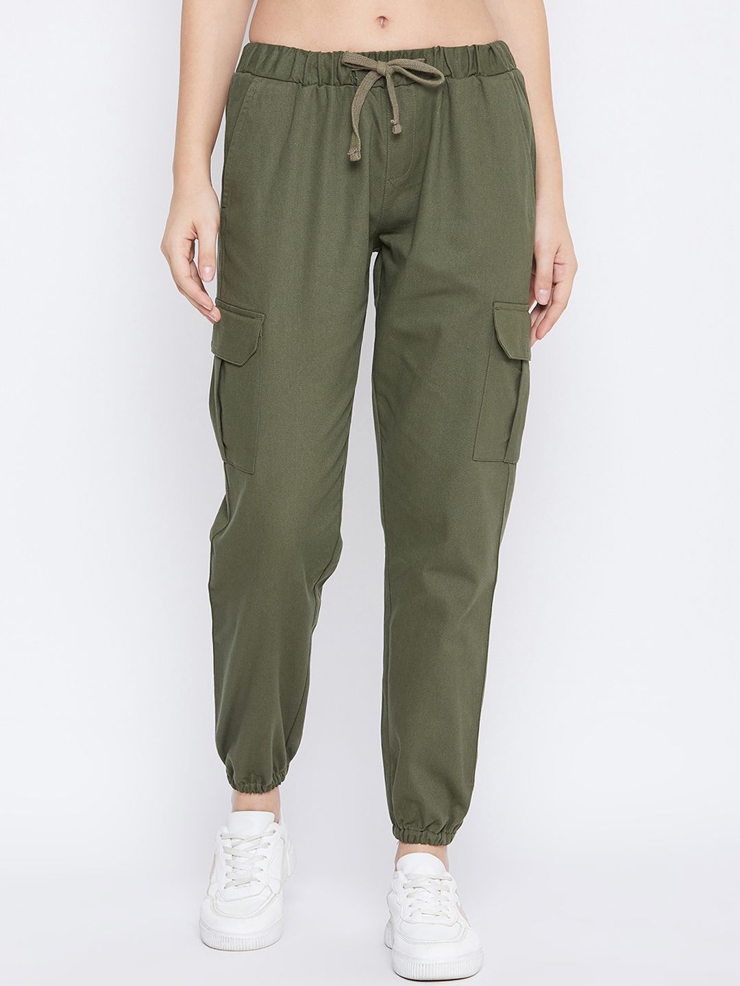 Q-rious Women Olive Green Pure Cotton Joggers Trousers Price in India