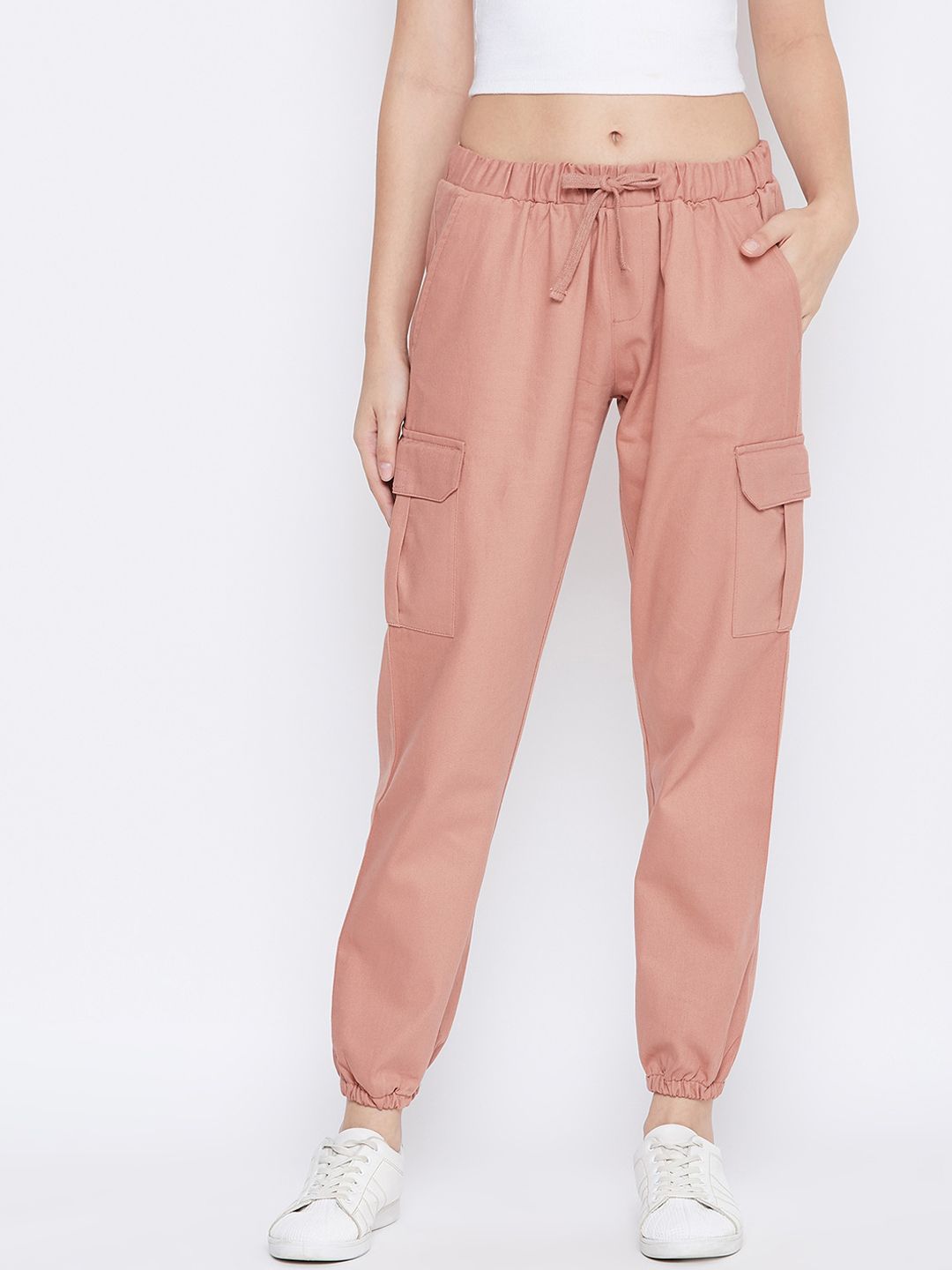 Q-rious Women Peach-Coloured Pure Cotton Joggers Trousers Price in India