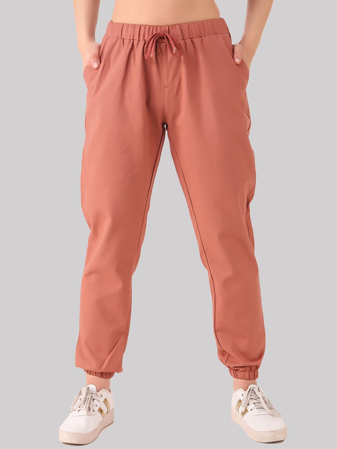 Q-rious Women Red Cotton Twill Regular Fit Joggers Trousers Price in India