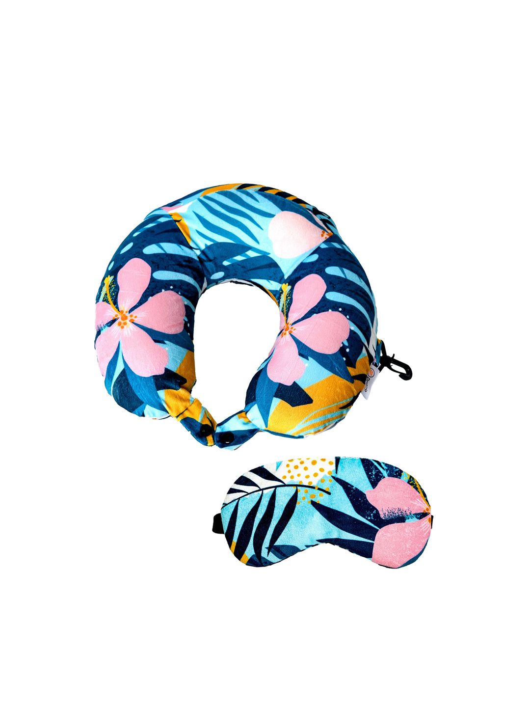 Destinio Unisex Blue & Pink Floral Printed Neck Pillow With Eye Mask Price in India