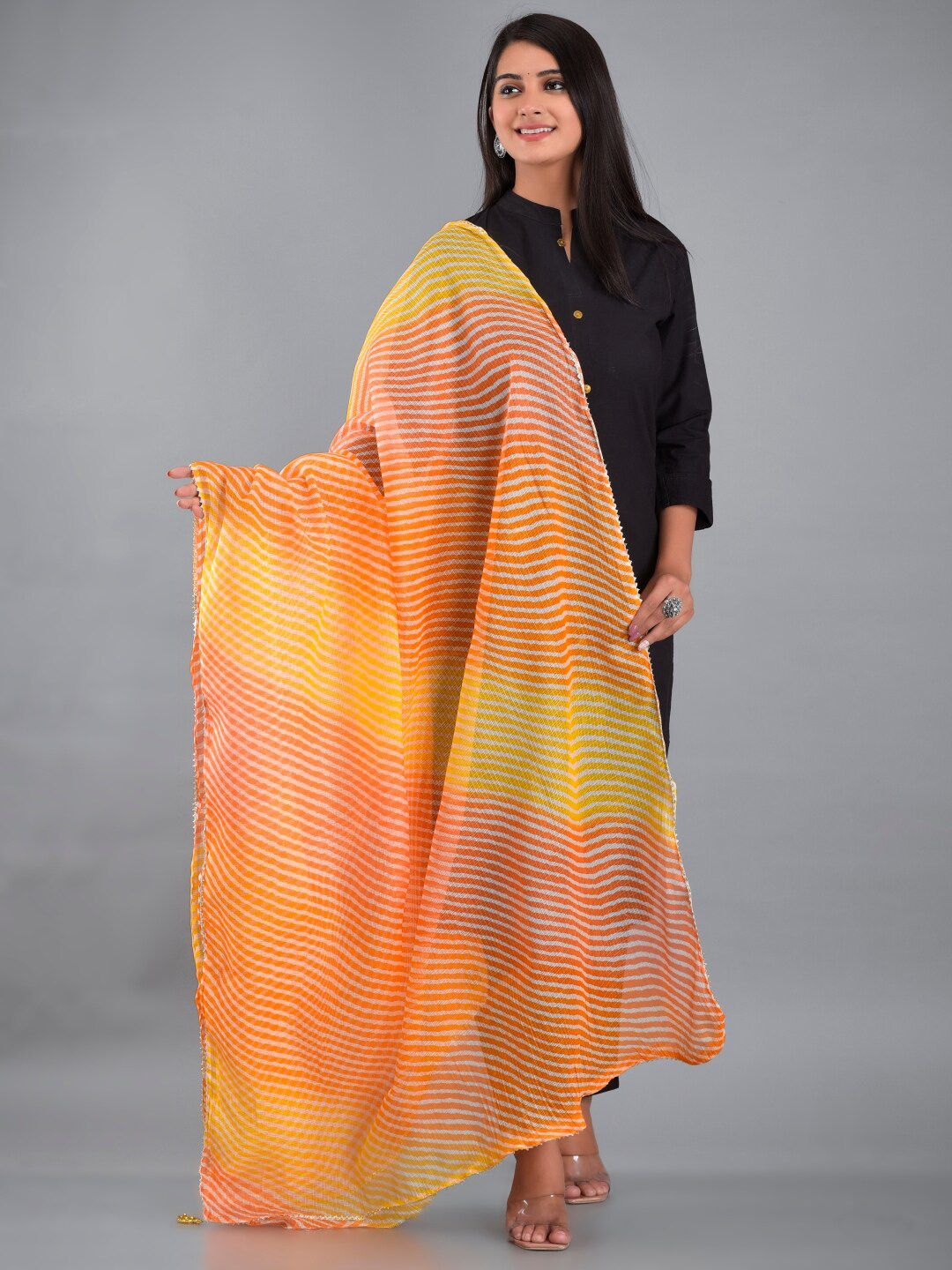 Apratim Women Yellow & Orange Leheriya Dupatta Price in India