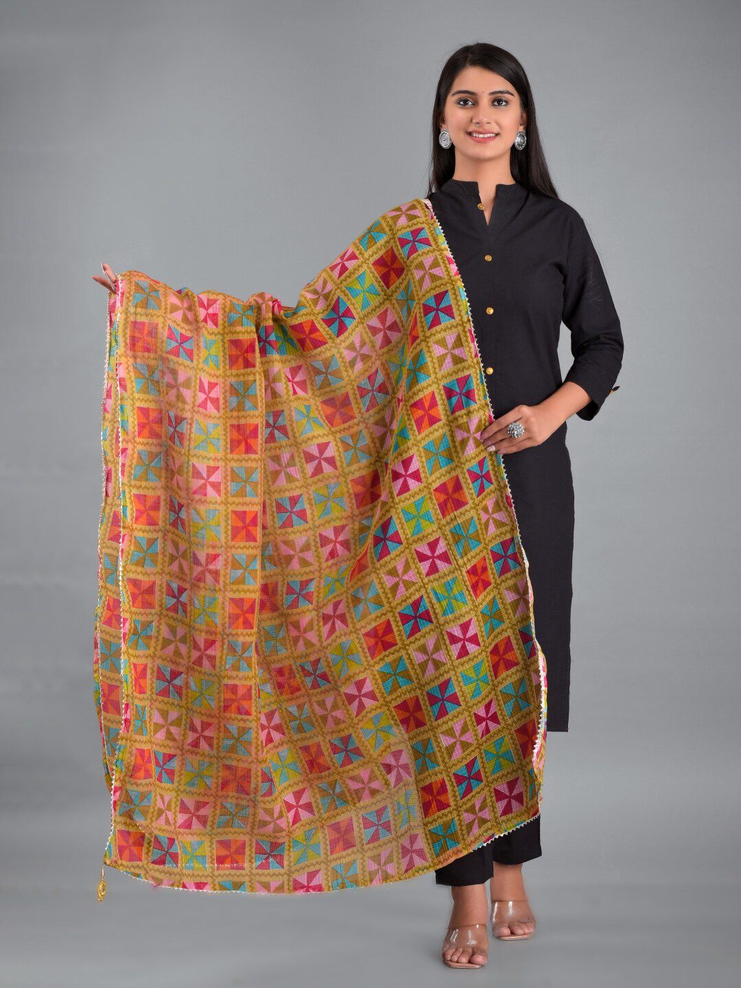 Apratim Women Red, Green & Blue Geometric Printed Dupatta Price in India