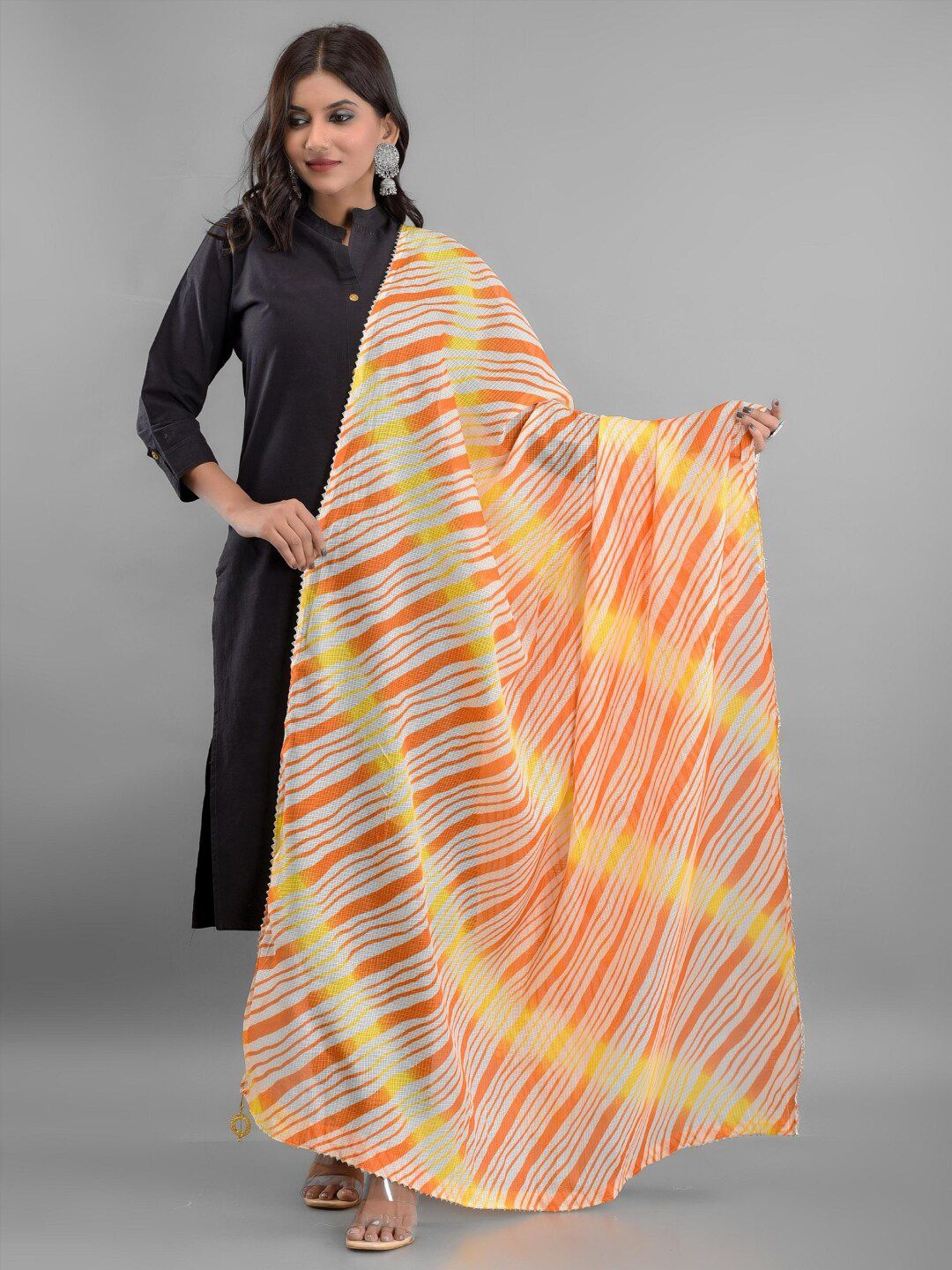 Apratim Women White & Orange Striped Leheriya Dupatta Price in India