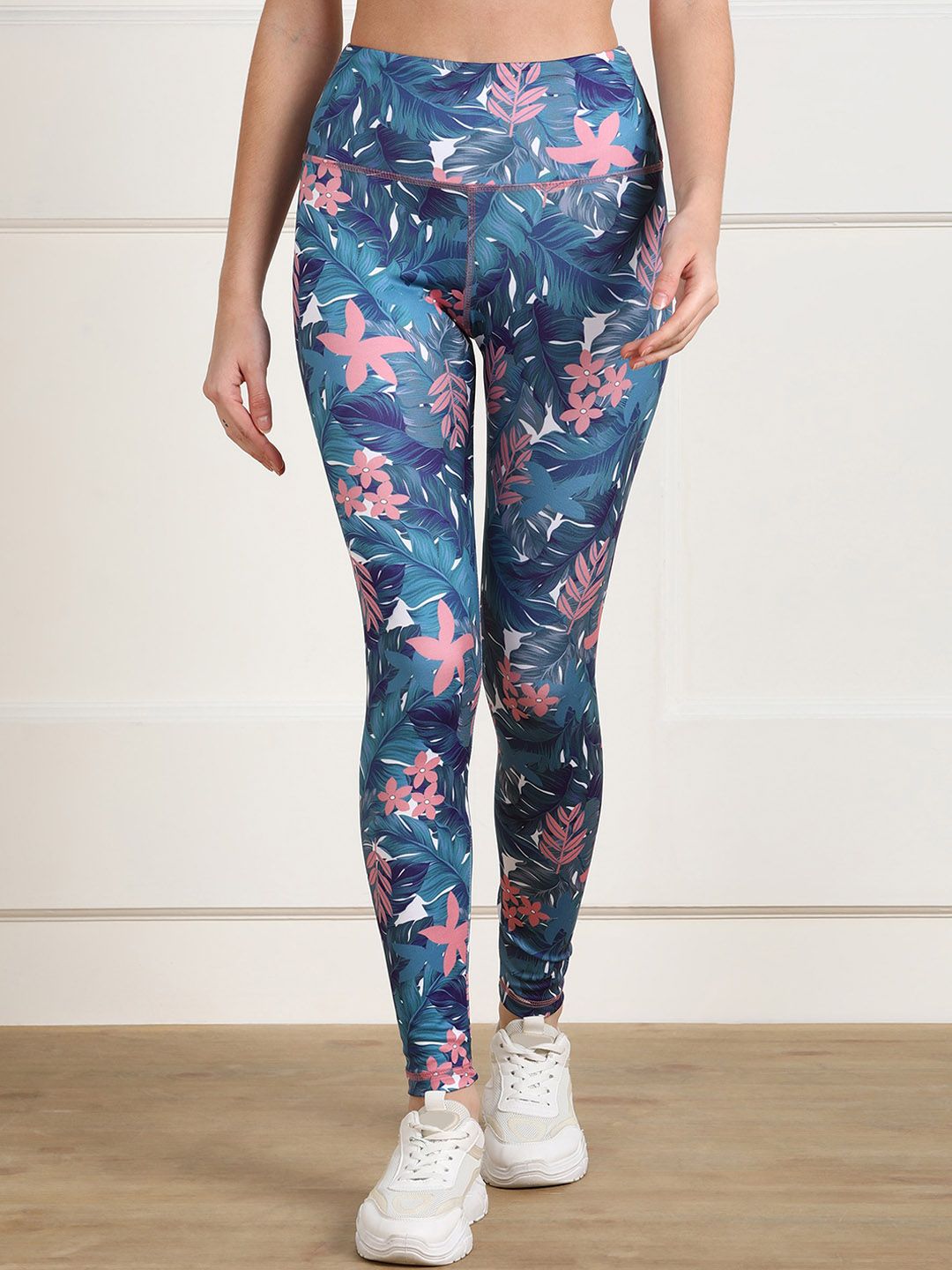 Rock Paper Scissors Women Blue & Pink Floral Printed Ankle-Length Gym Tights Price in India
