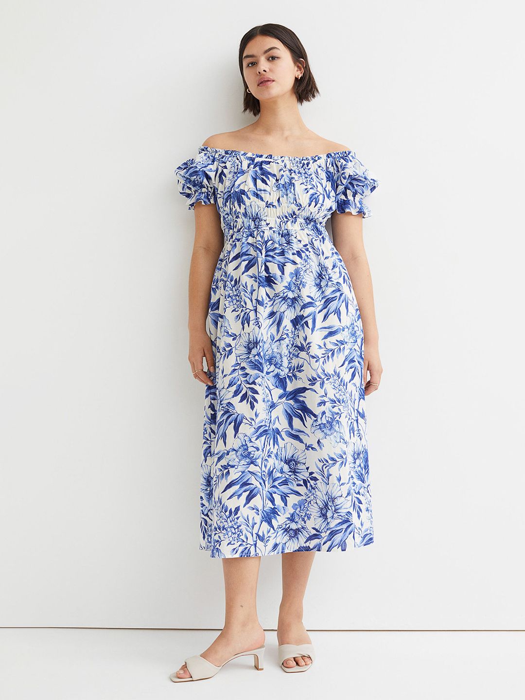 H&M Women Blue & White Off-The-Shoulder Cotton Dress Price in India