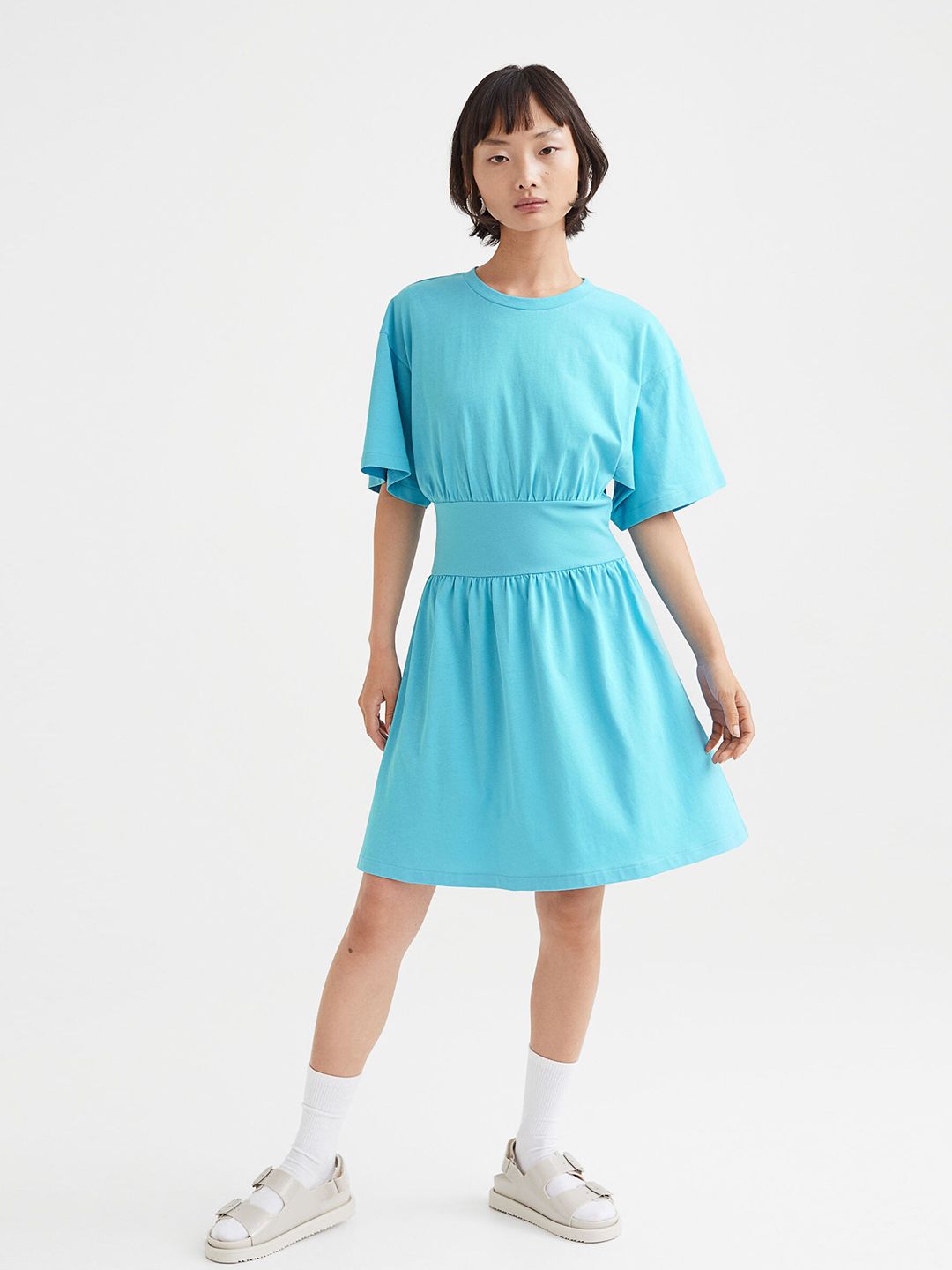H&M Women Turquoise Blue Cotton T-shirt Dress Price in India