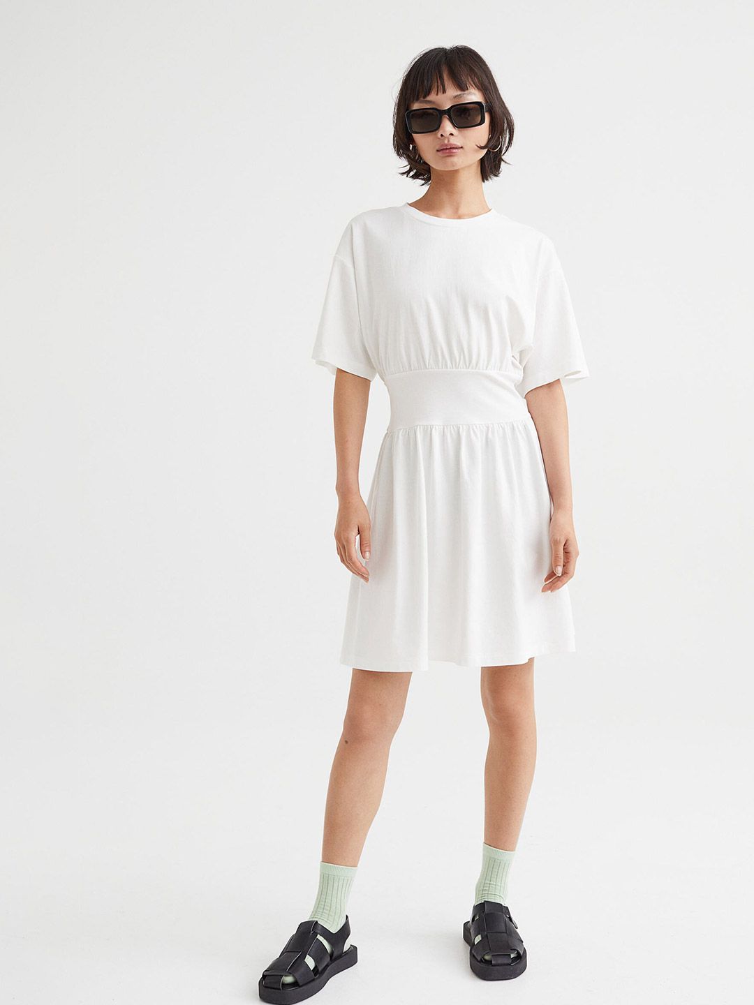 H&M Women White Solid Pure Cotton T-shirt Dress Price in India
