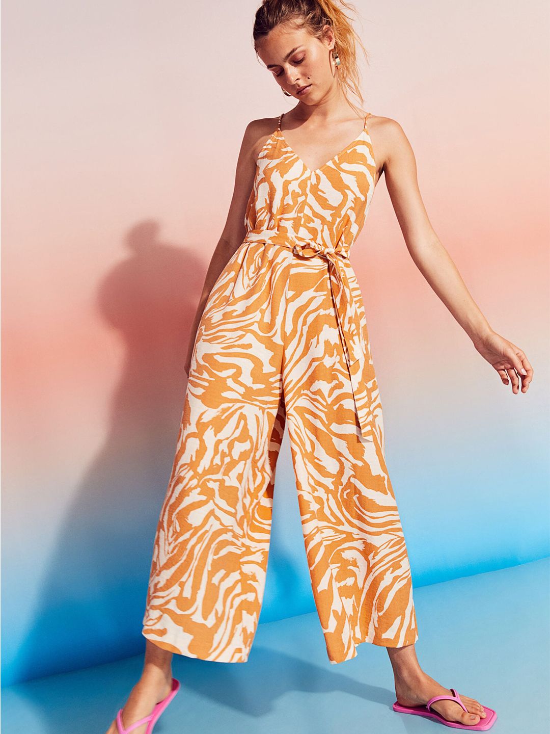 H&M Women Orange & White Printed Tie-Belt Wide Jumpsuit Price in India