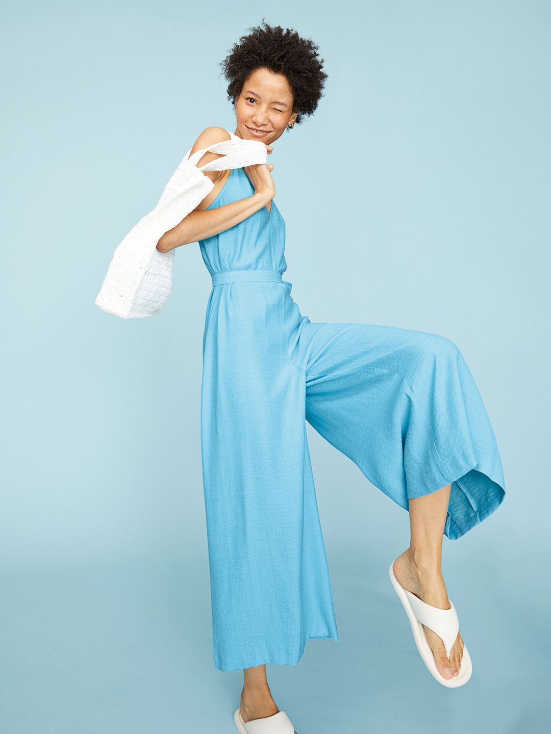 H&M Women Turquoise Blue Tie-Belt Wide Jumpsuit Price in India