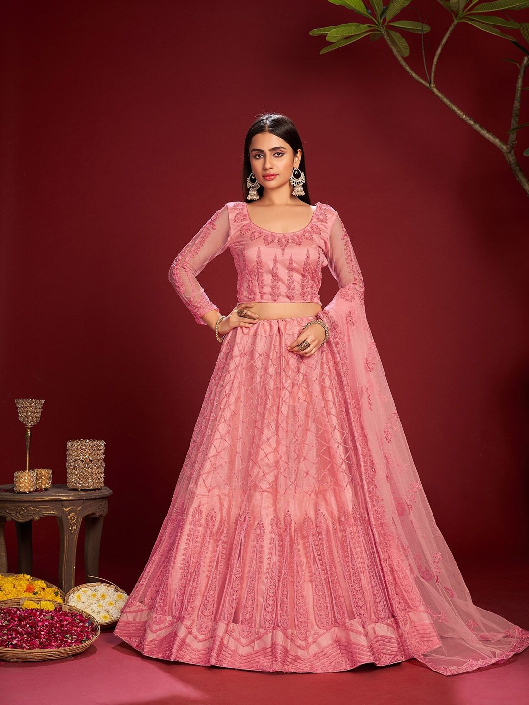Atsevam Pink Embroidered Thread Work Semi-Stitched Lehenga & Unstitched Blouse With Dupatta