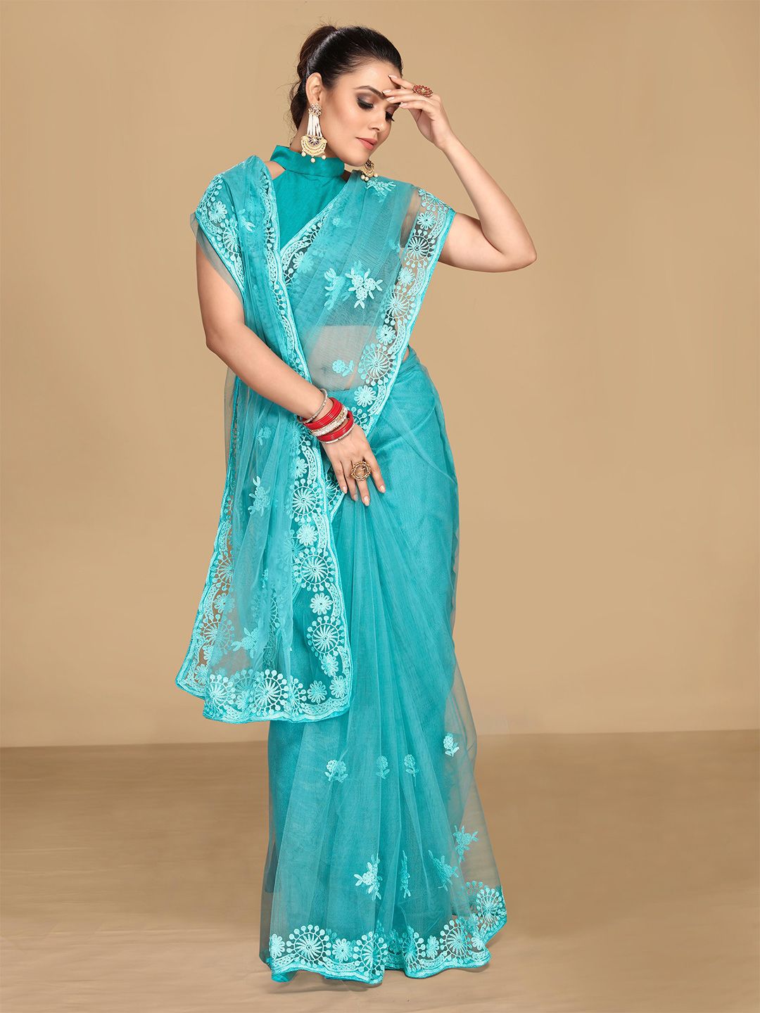 VAIRAGEE Women Turquoise Blue Ethnic Motifs Embroidered Net Saree Price in India