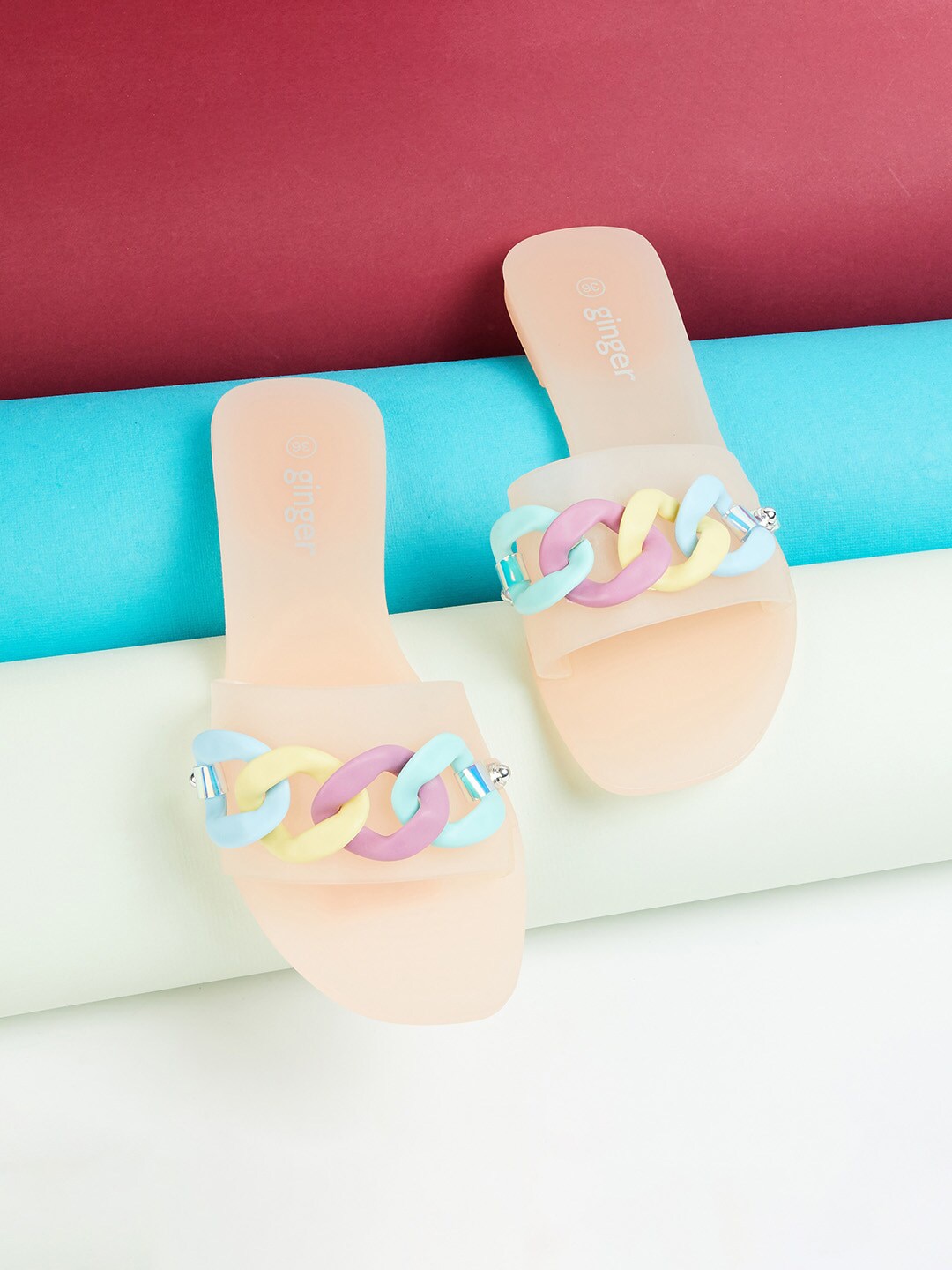 Ginger by Lifestyle Women Pink & Blue Embellished Rubber Sliders Price in India