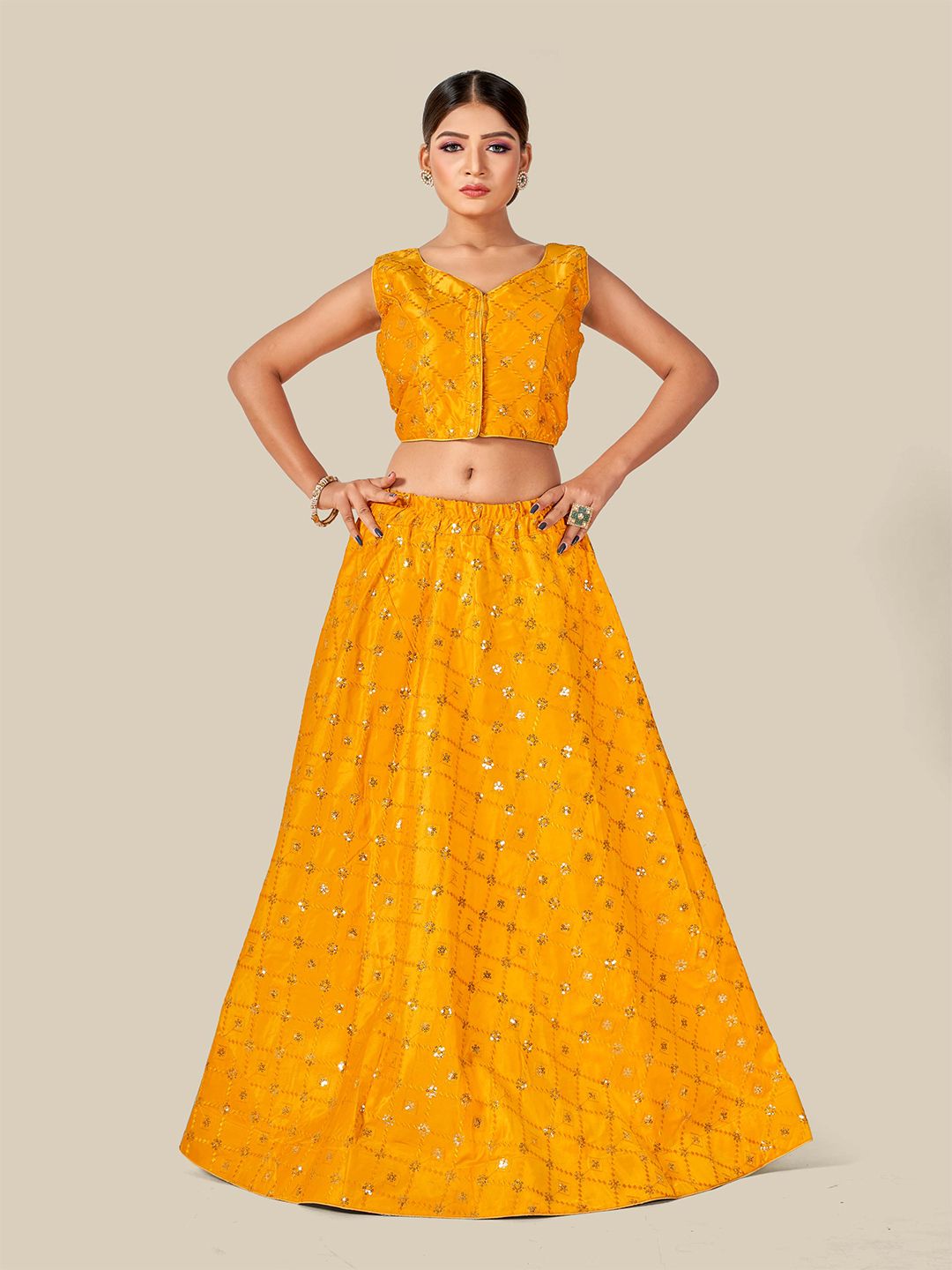 HIMRISE Yellow Color Ultra Silk Satin Zari Work Floral Embroidered Lehnga Choli Set Price in India