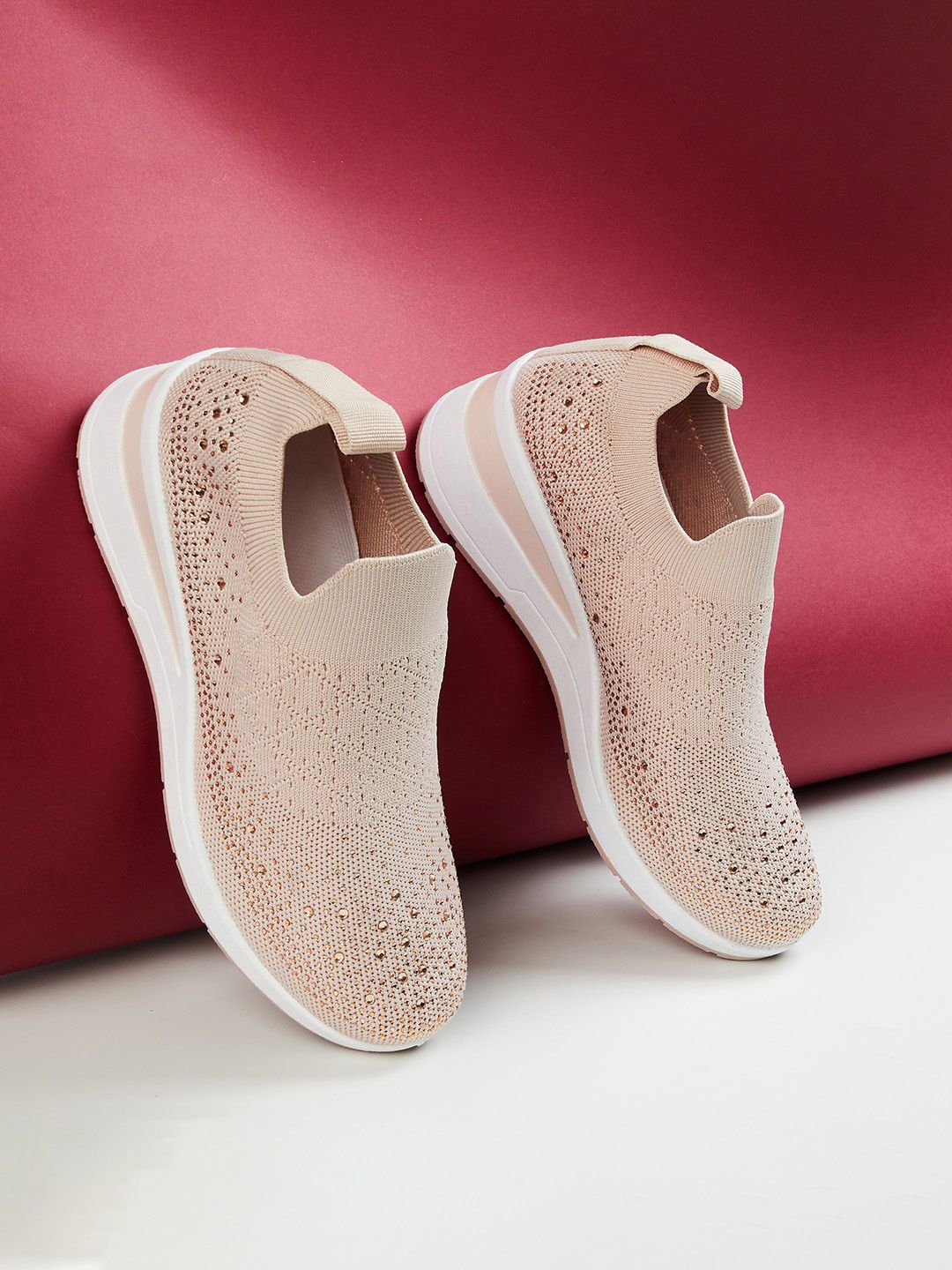 Ginger by Lifestyle Women Pink Woven Design Leather Slip-On Sneakers Price in India