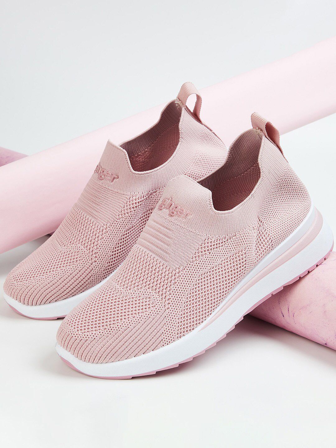 Ginger by Lifestyle Women Pink Woven Design Leather Slip-On Sneakers Price in India