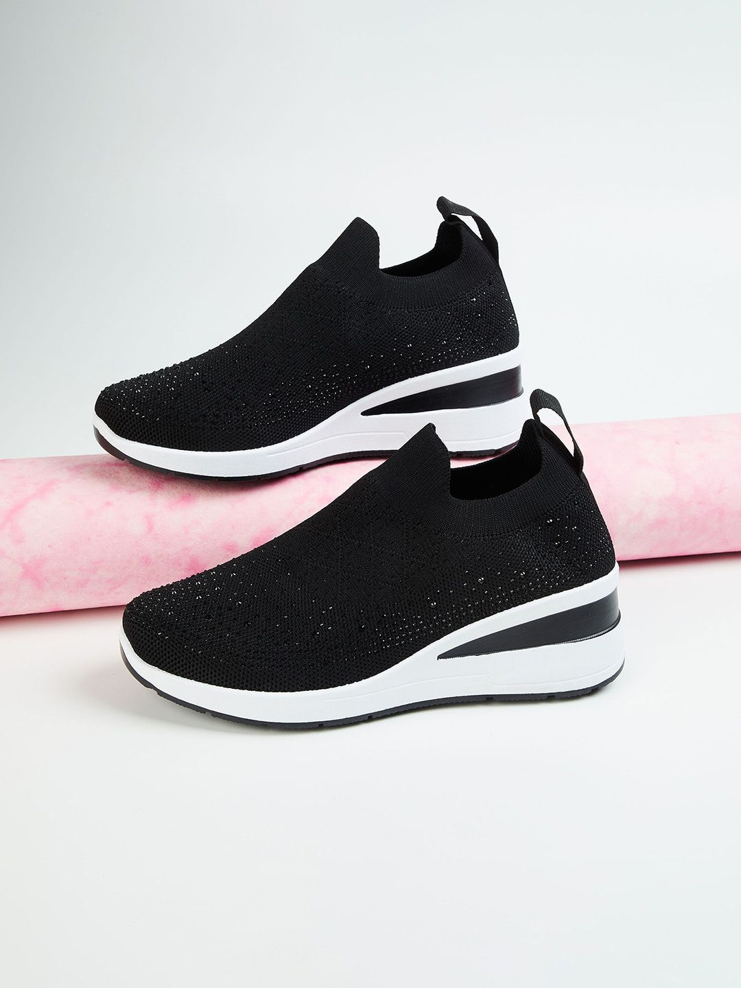 Ginger by Lifestyle Women Black Woven Design Leather Slip-On Sneakers Price in India