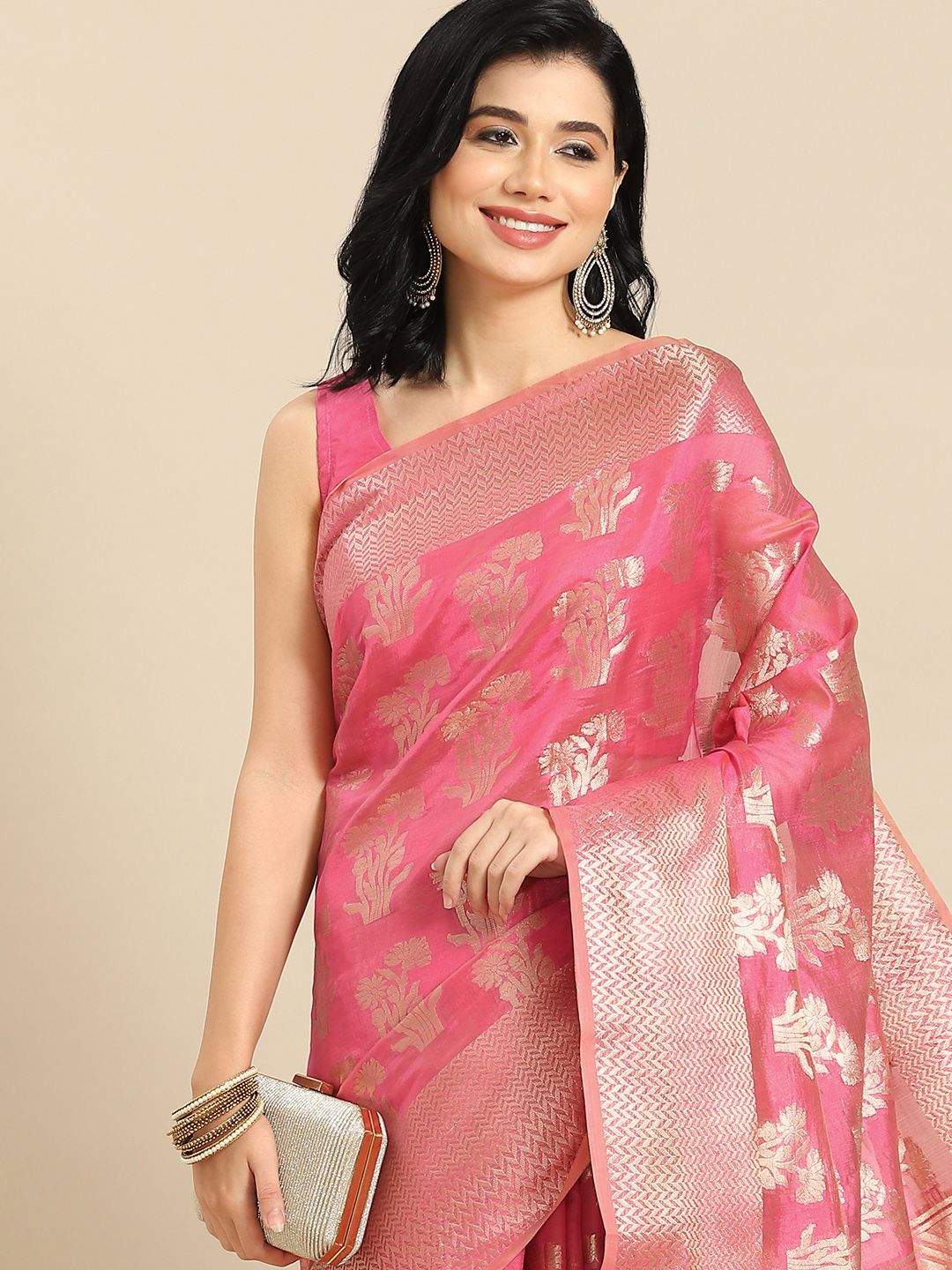 all about you Pink & Golden Woven Design Banarasi Organza Saree Price in India
