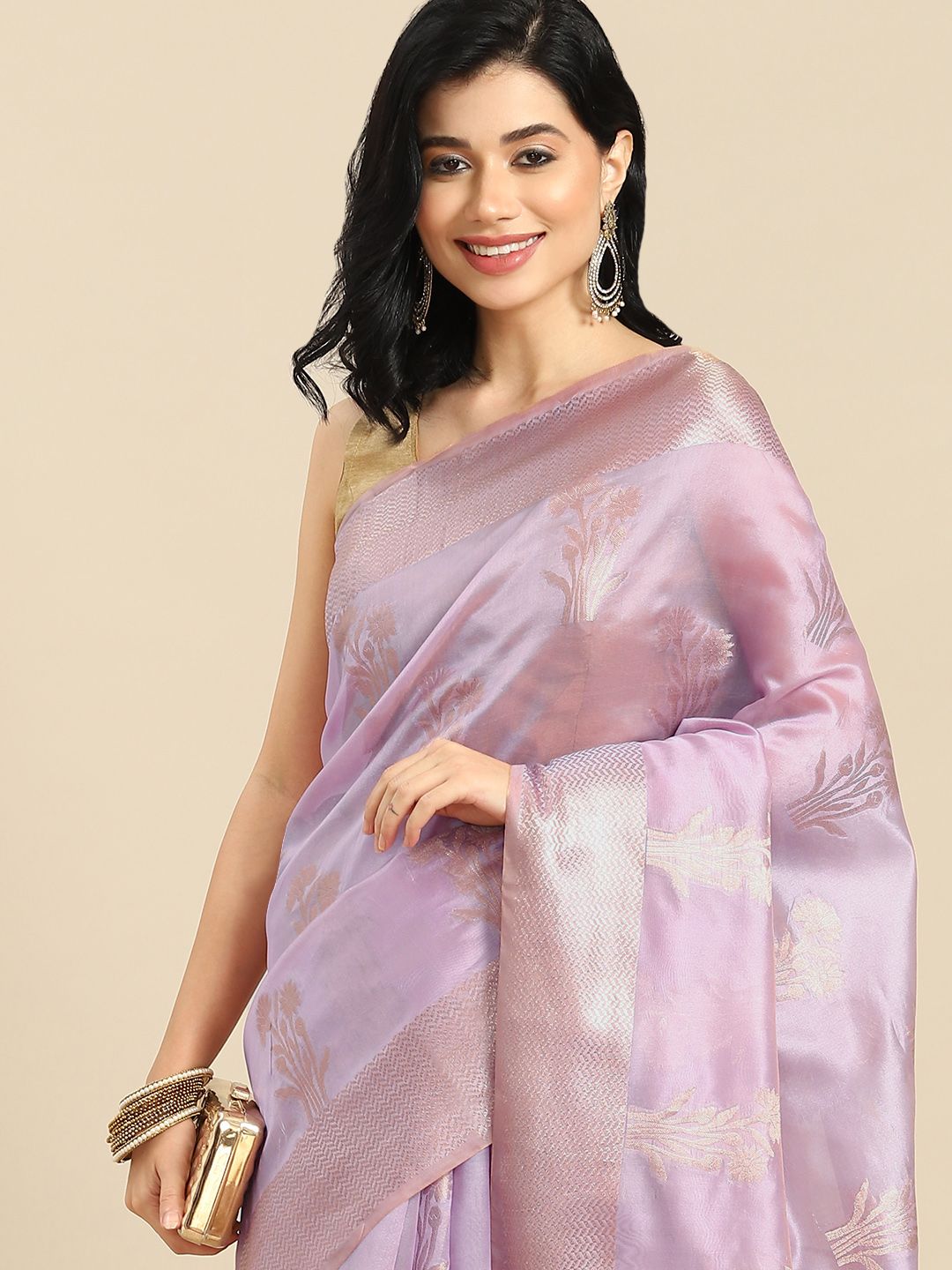 all about you Lavender & Golden Woven Design Banarasi Organza Saree Price in India