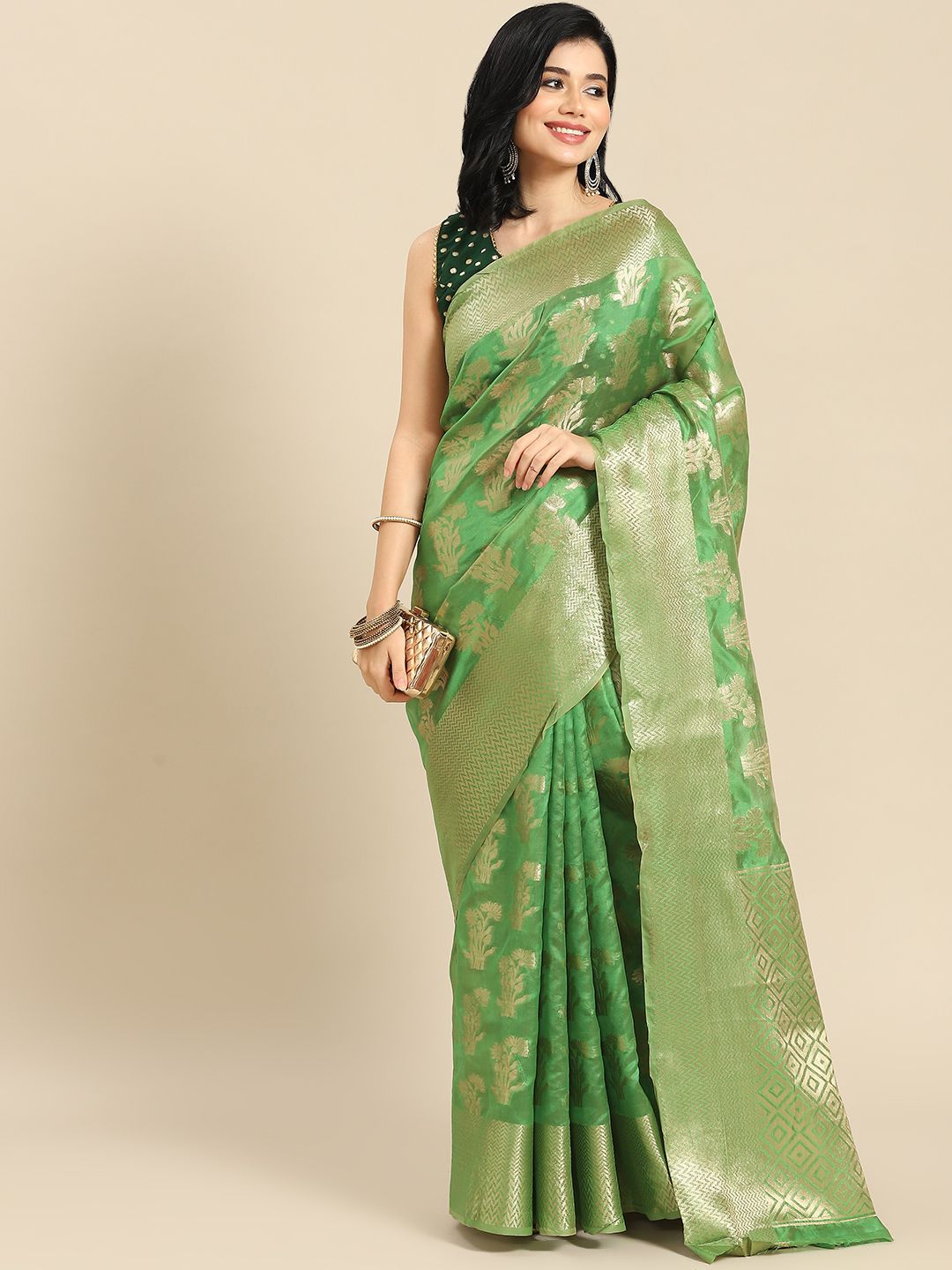 all about you Green & Golden Woven Design Banarasi Organza Saree Price in India