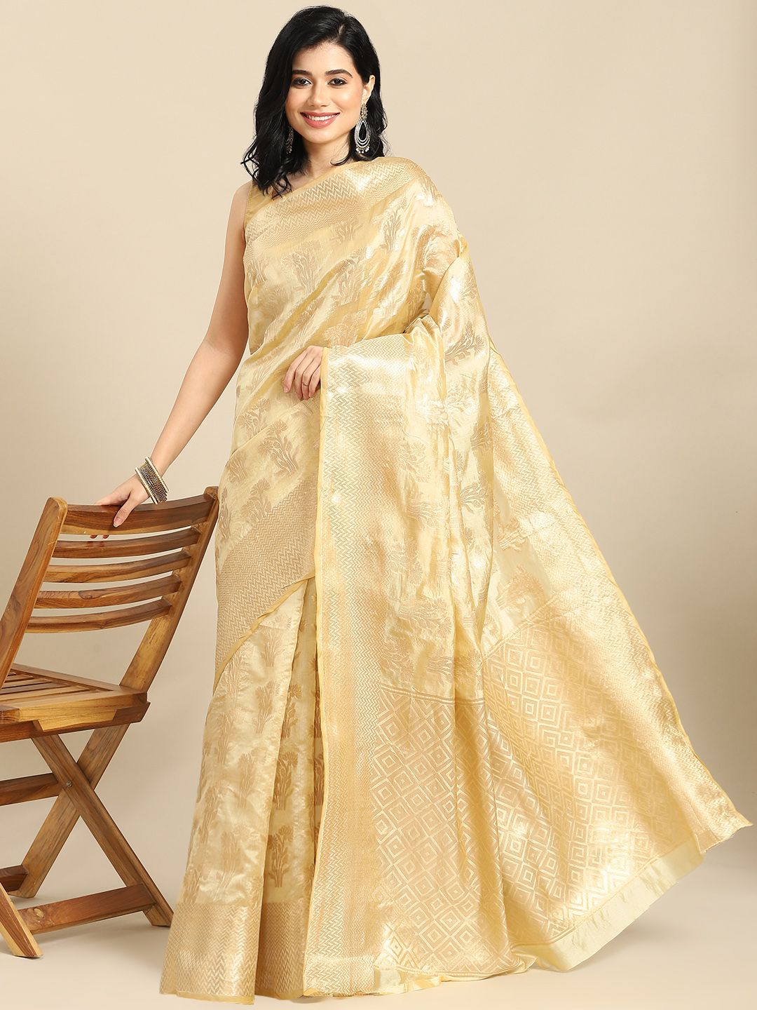 all about you Cream-Coloured & Golden Woven Design Banarasi Organza Saree Price in India