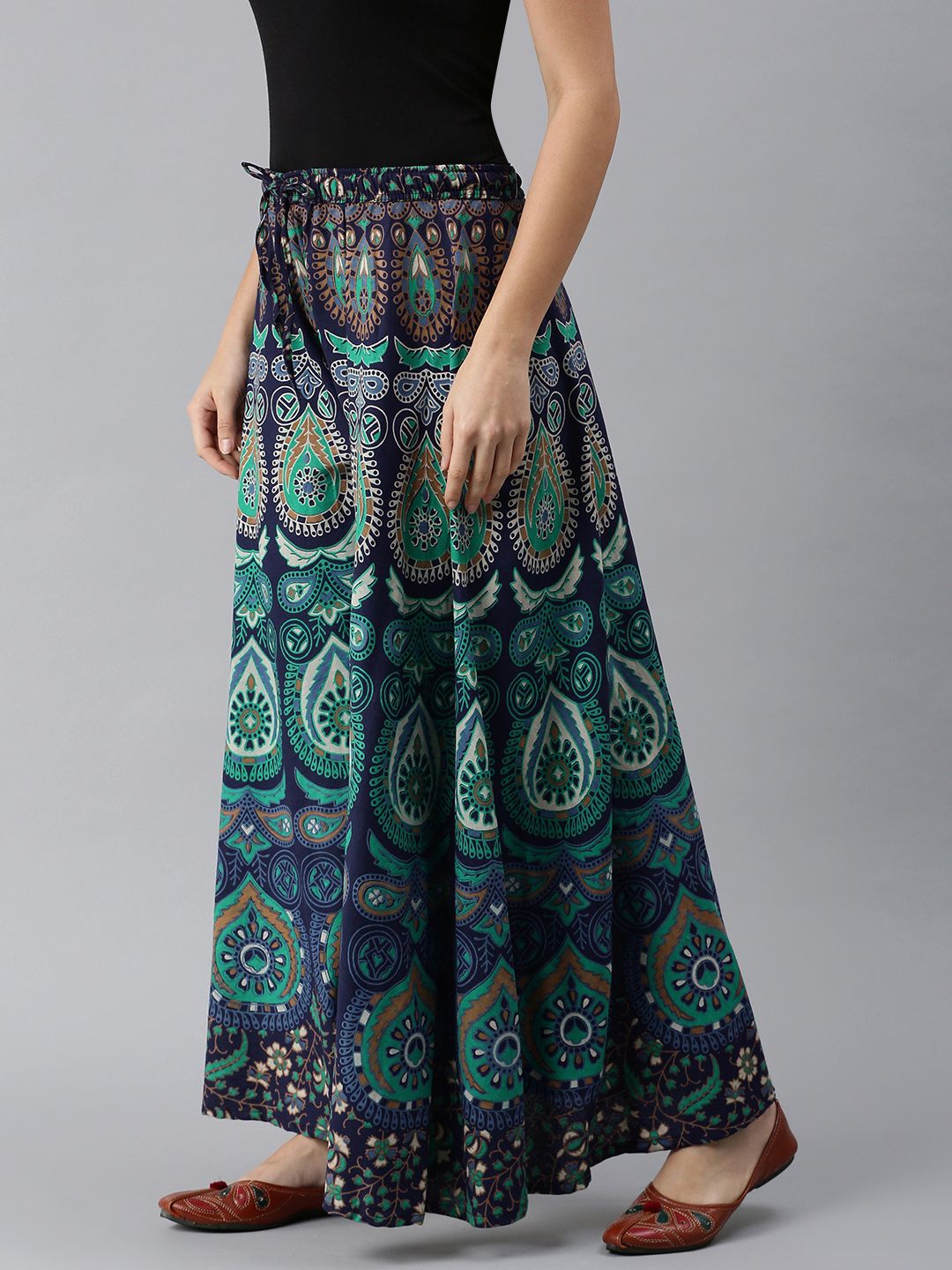 ROOPWATI FASHION Women Navy Blue & Green Ethnic Motifs Printed Flared Knitted Ethnic Palazzos Price in India