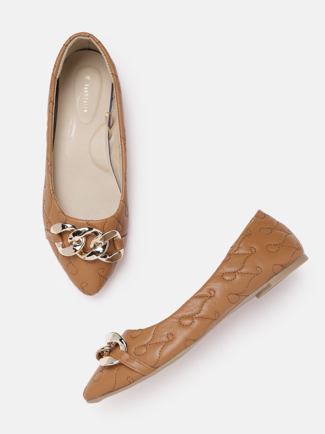 Van Heusen Woman Tan Brown Embroidered Ballerinas with Link Detail Price in India