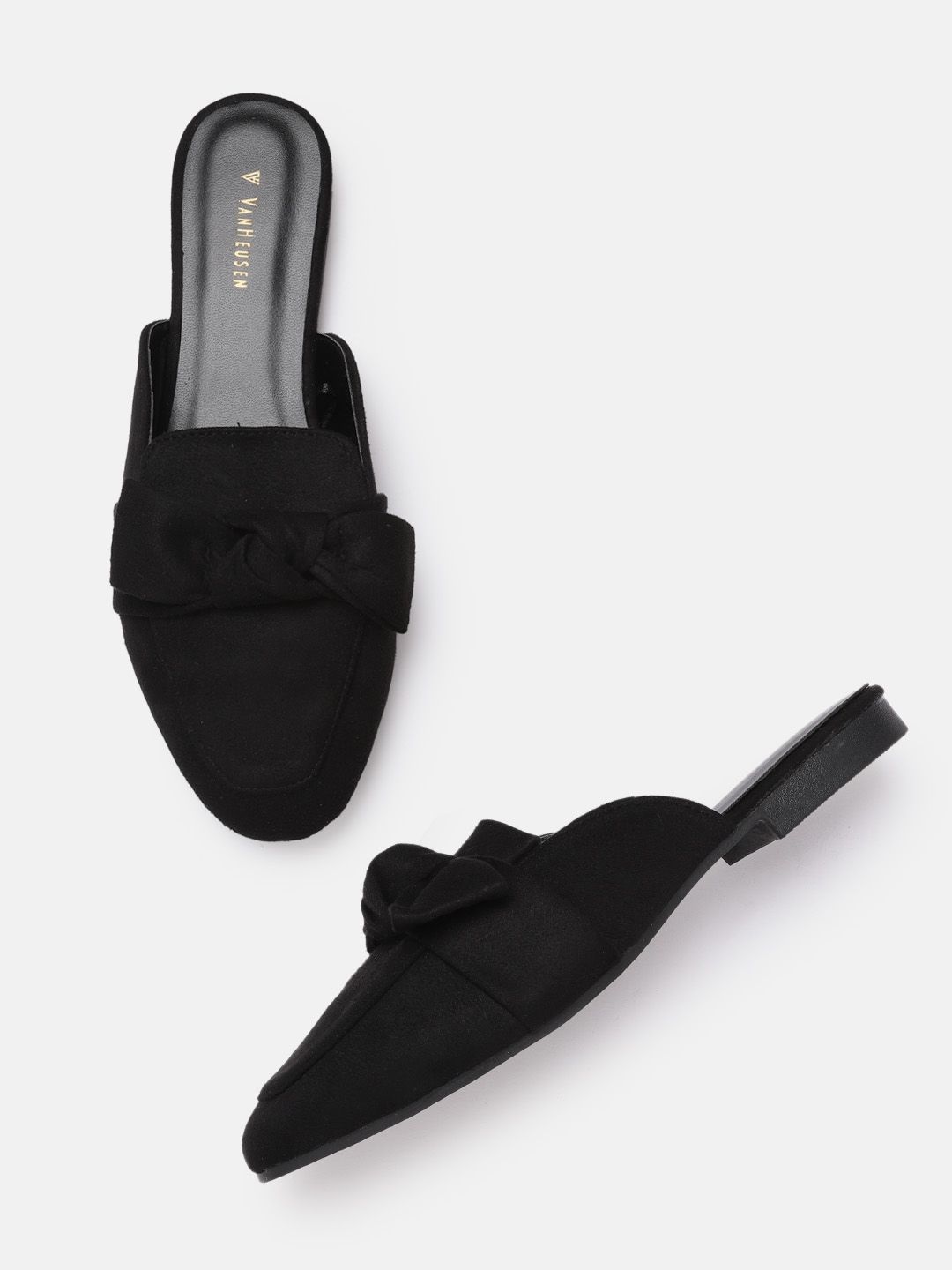 Van Heusen Woman Black Solid Suede Finish Mules with Bows Price in India