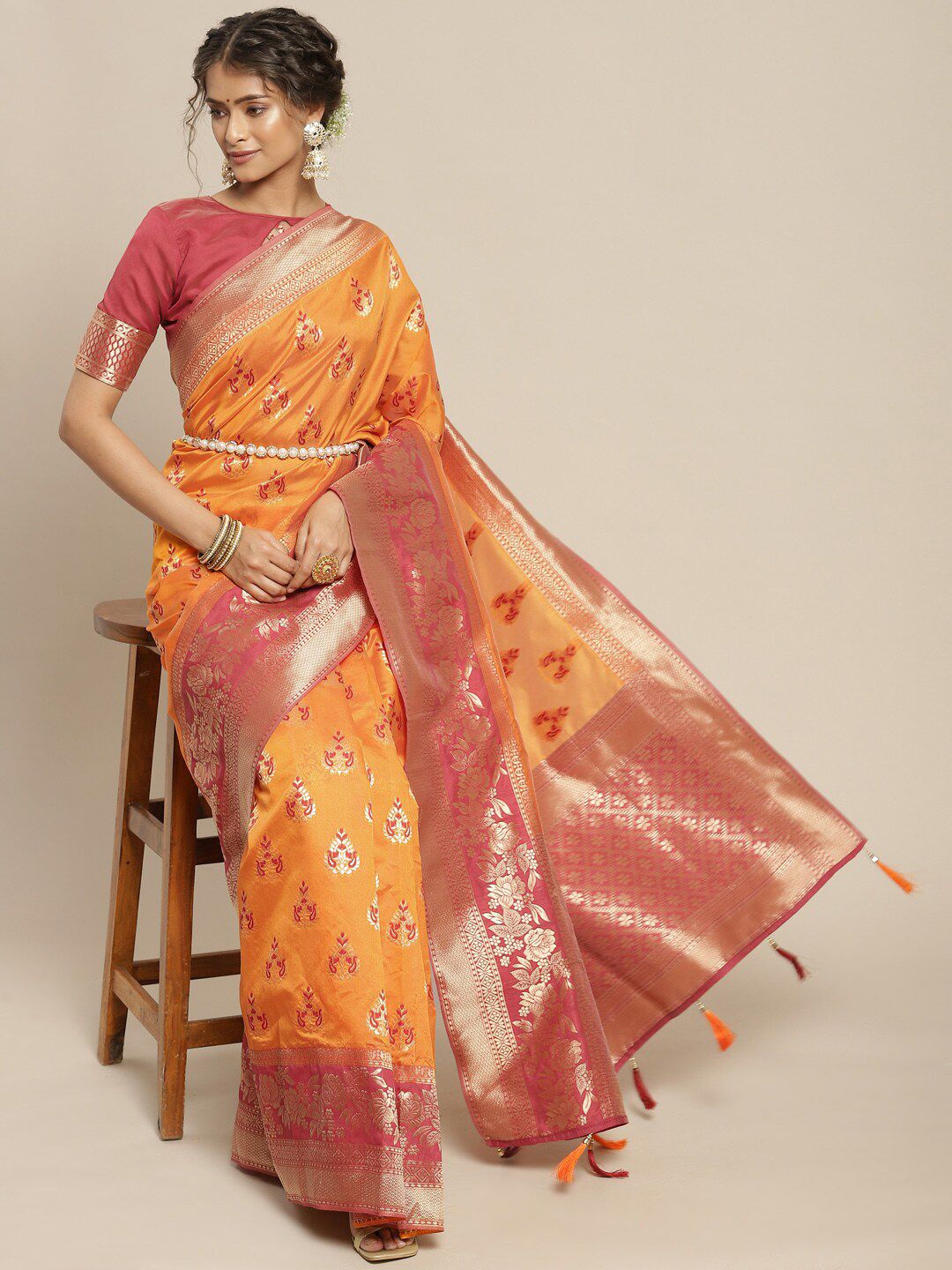 Mitera Mustard & Red Woven Design Zari Art Silk Kanjeevaram Saree
