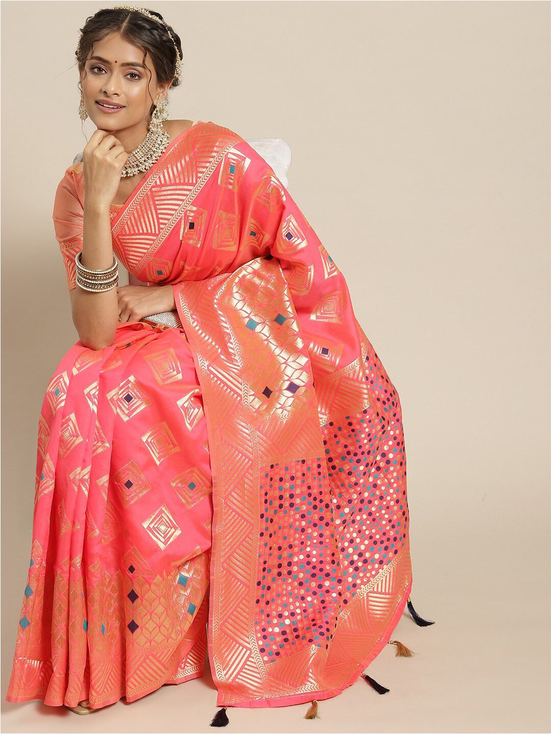 Mitera Coral & Green Printed Zari Silk Blend Banarasi Saree