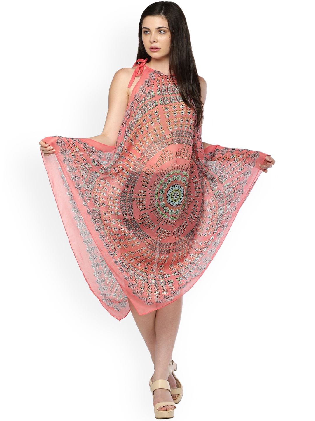 Get Wrapped Women Peach & Black Printed Beach Cover-Up Swimwear Dress Price in India