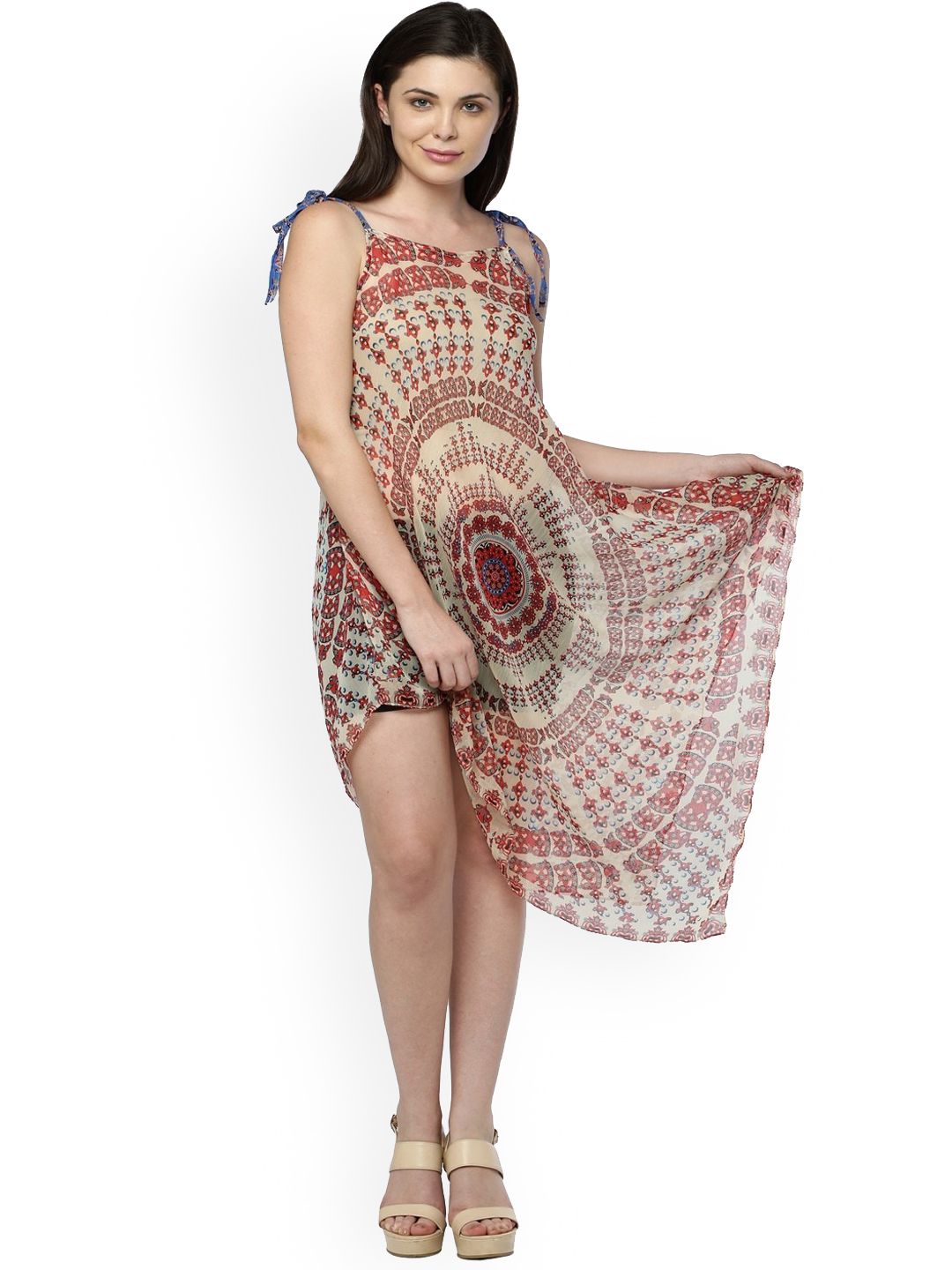 Get Wrapped Women Beige & Red Printed Cover-Up Dress Price in India