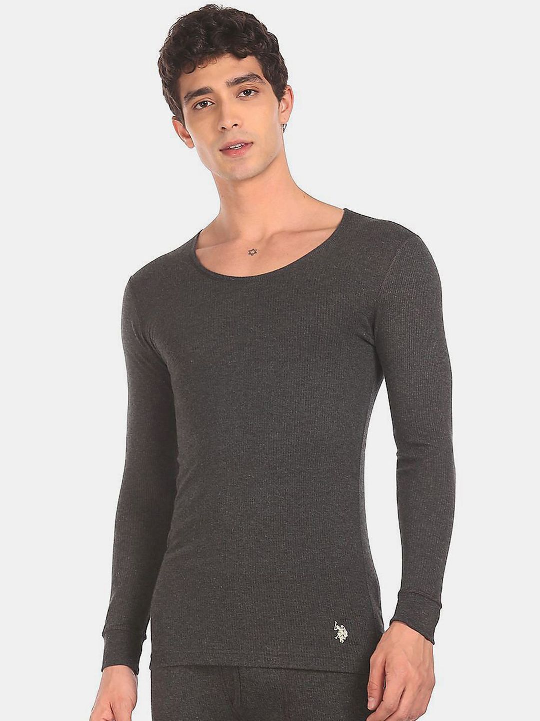 U.S. Polo Assn. Men's Charcoal Grey Solid Thermal Tops Price in India