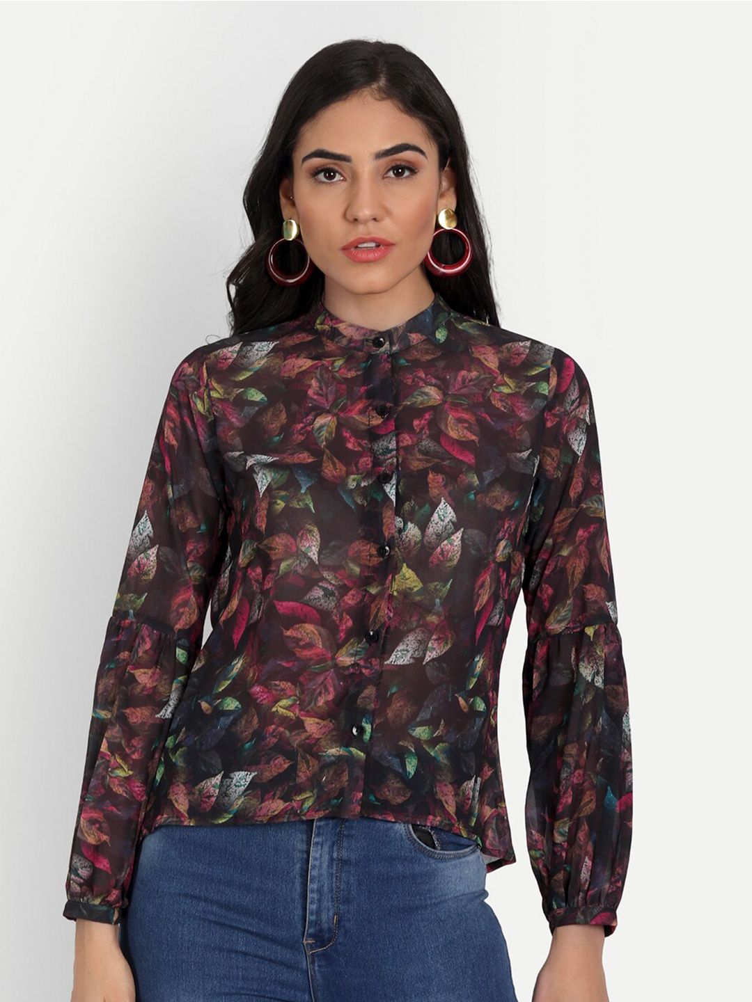 Masakali Co Black & Red Floral Printed Mandarin Collar Georgette Shirt Style Top Price in India