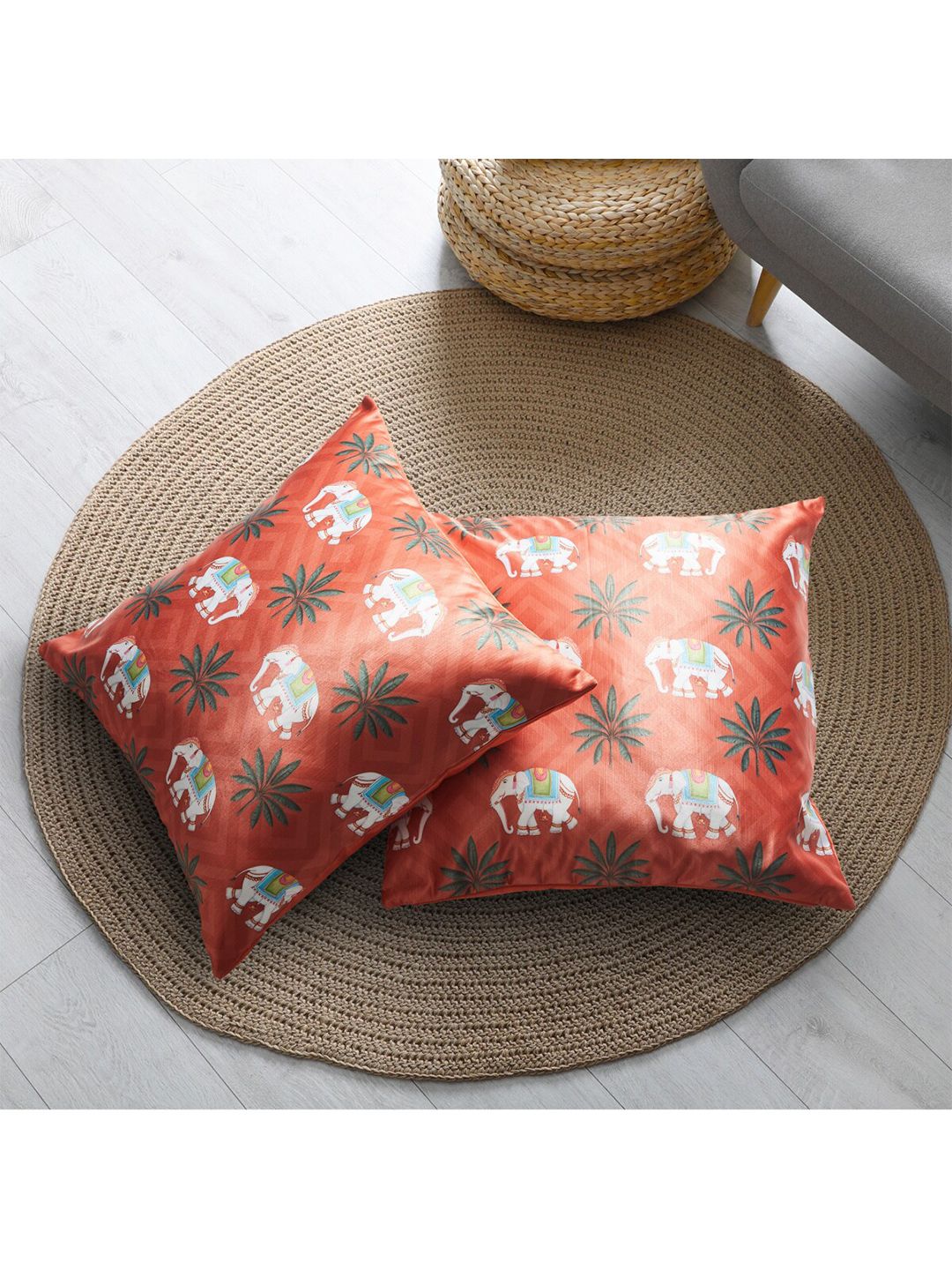 Home Centre Set of 2 Orange & Green Ethnic Motifs Square Cushion Covers Price in India